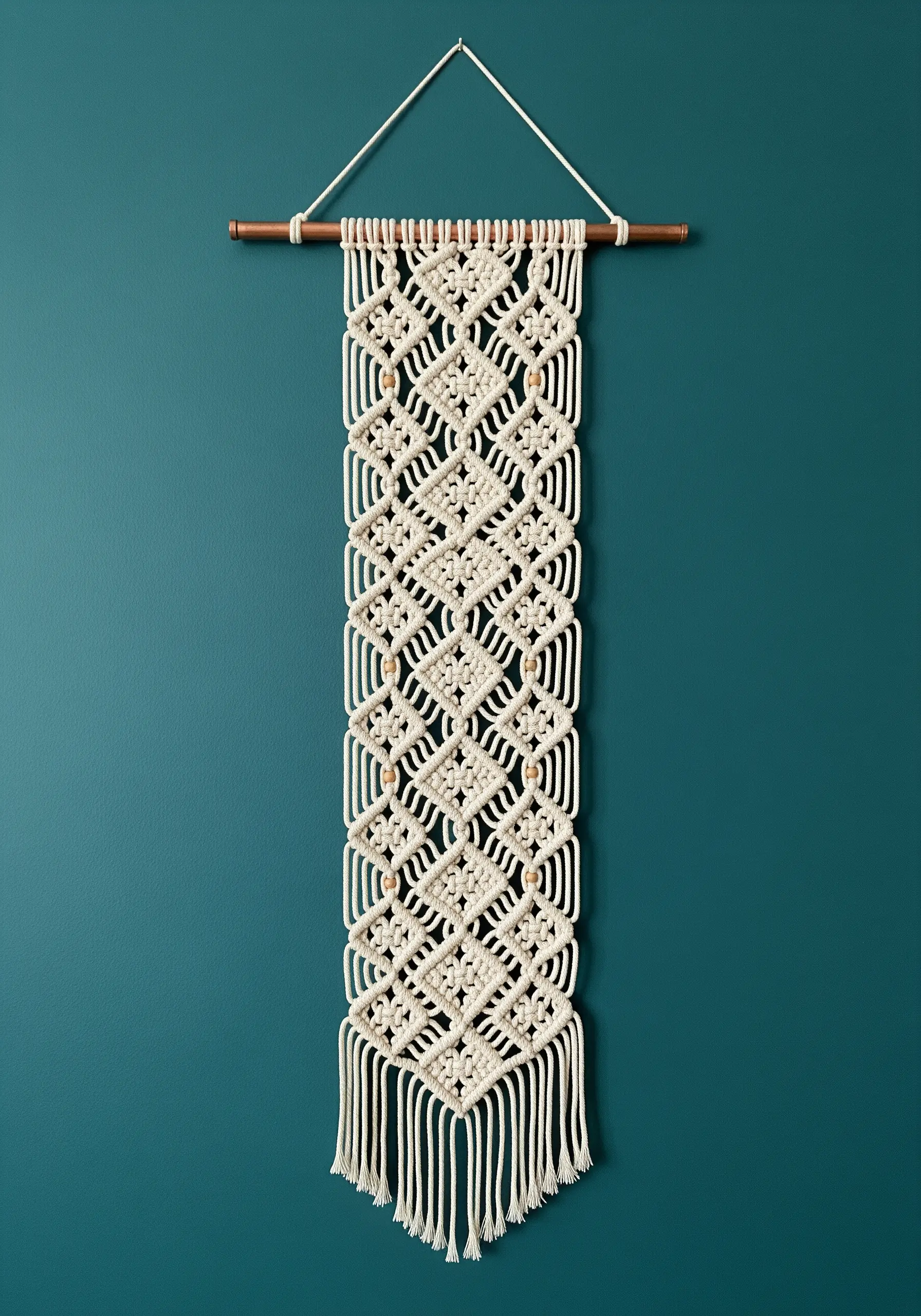 Long, narrow white macrame wall hanging with a repeating diamond knot pattern.