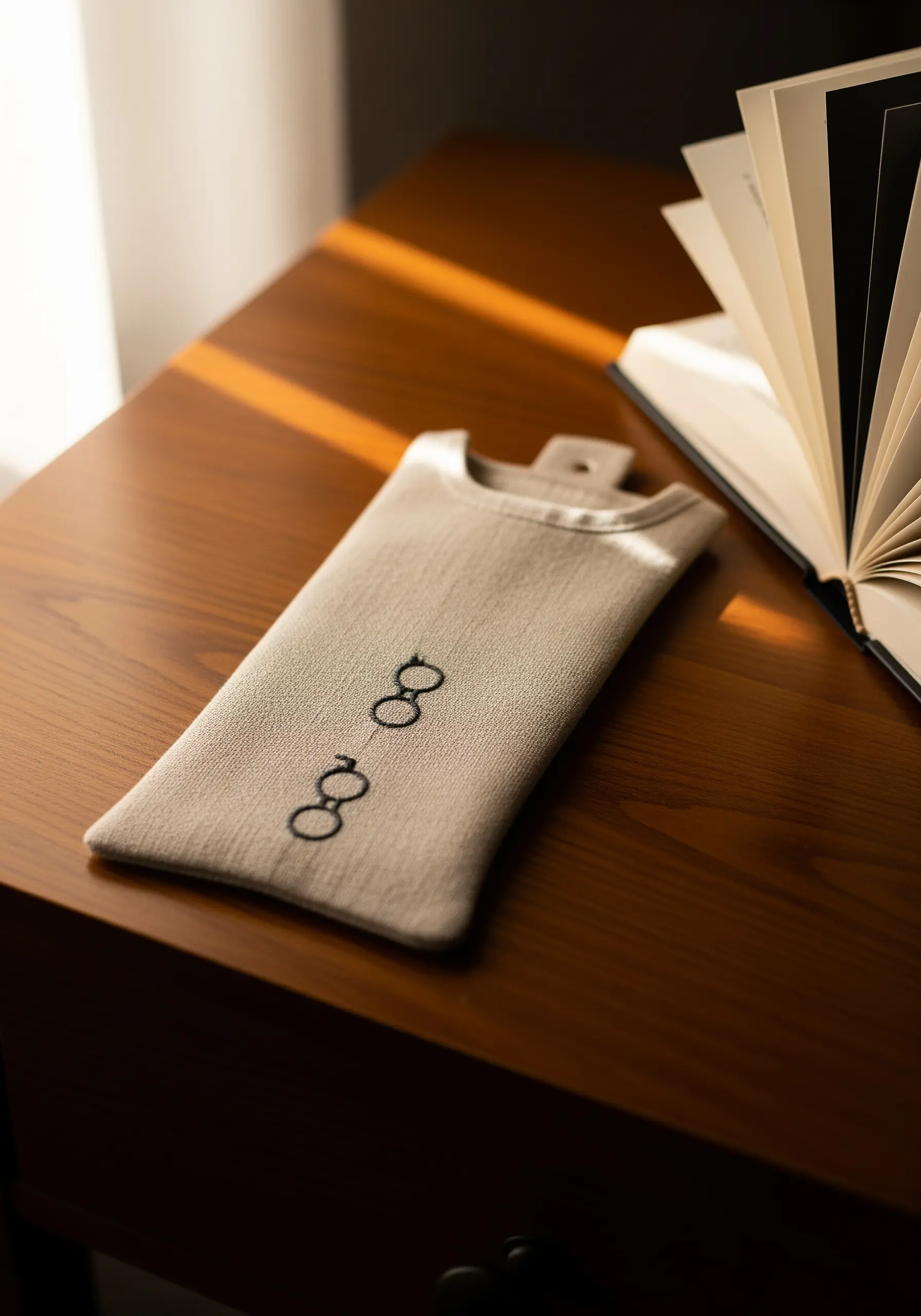 A simple eyeglass case made of linen with a minimalist repeated glasses motif.