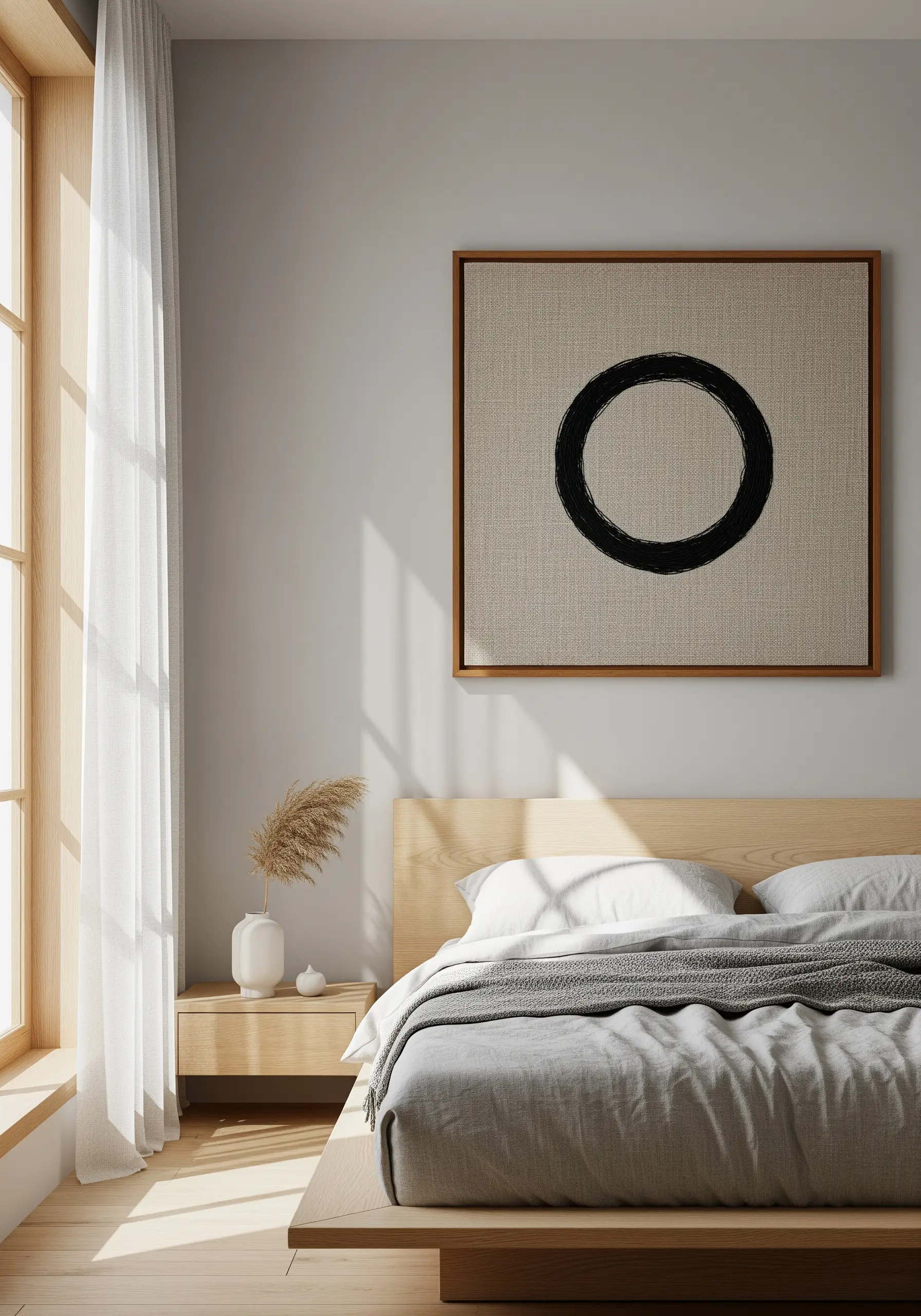 Large framed piece on natural linen with a thick, black, textured embroidered circle resembling a brushstroke.