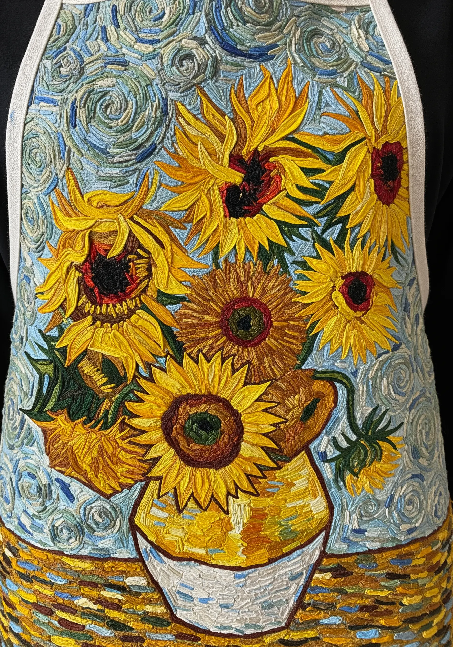 An apron covered in embroidery mimicking Van Gogh's 'Sunflowers' painting with thick, textural stitches