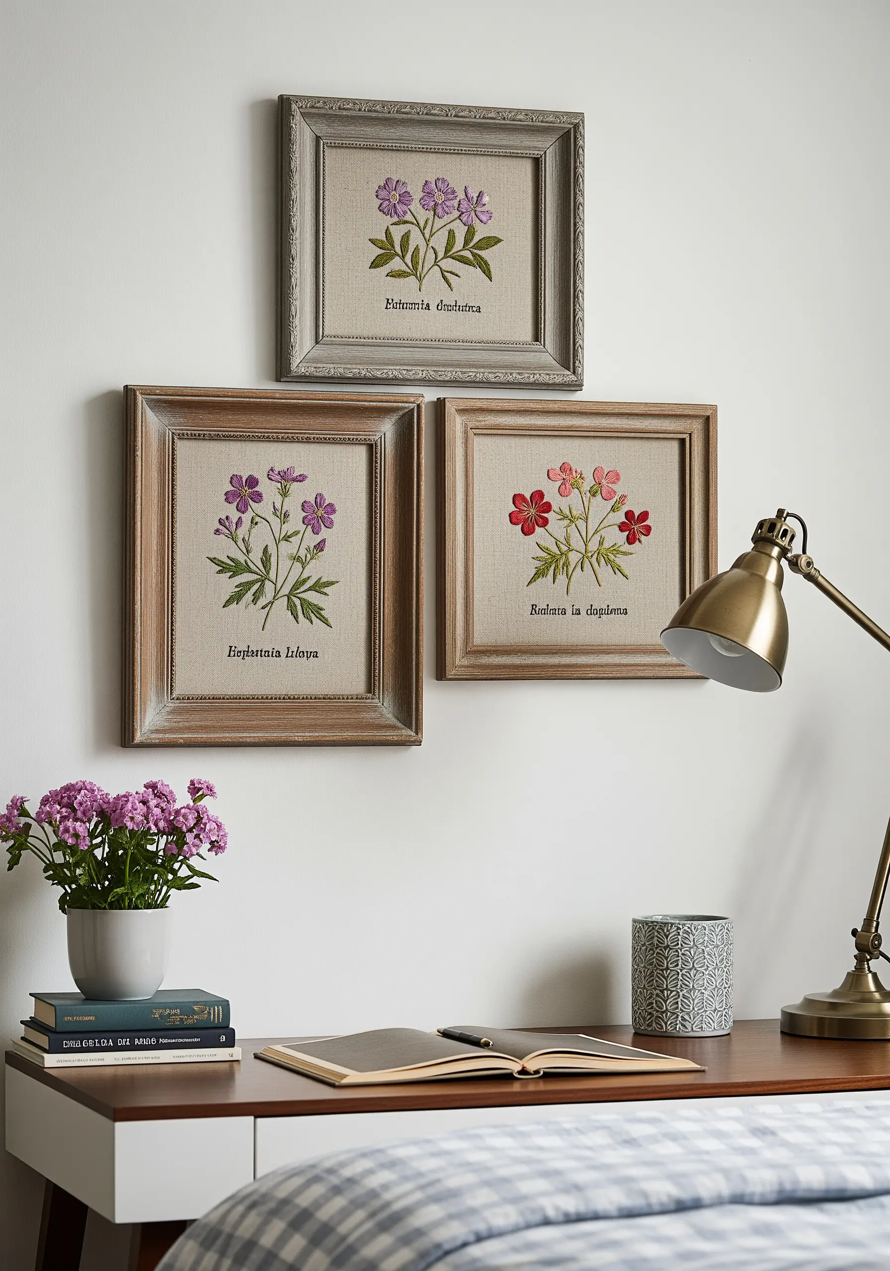 Three framed botanical embroideries of different purple and red flowers with their Latin names.