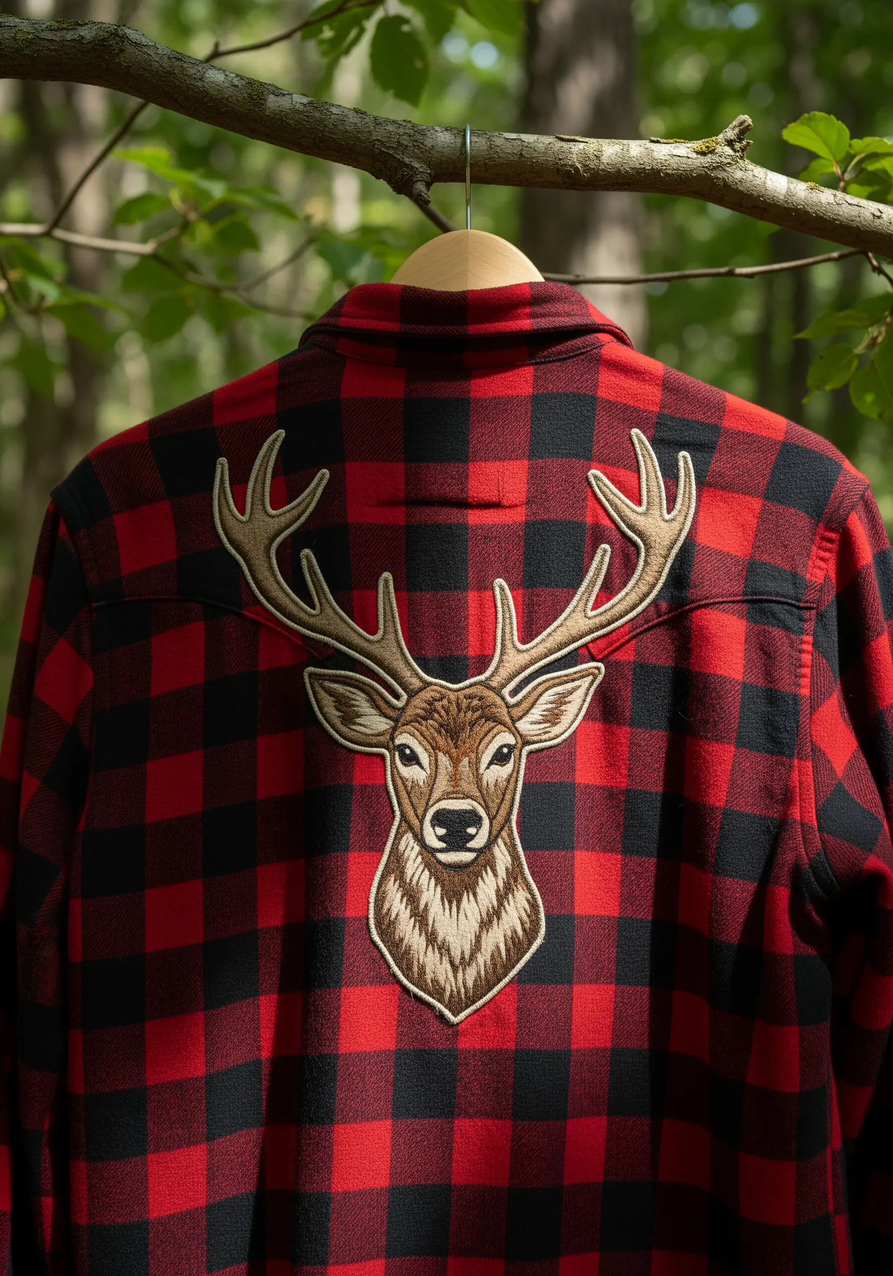 A detailed embroidered patch of a deer's head on the back of a red plaid flannel shirt.