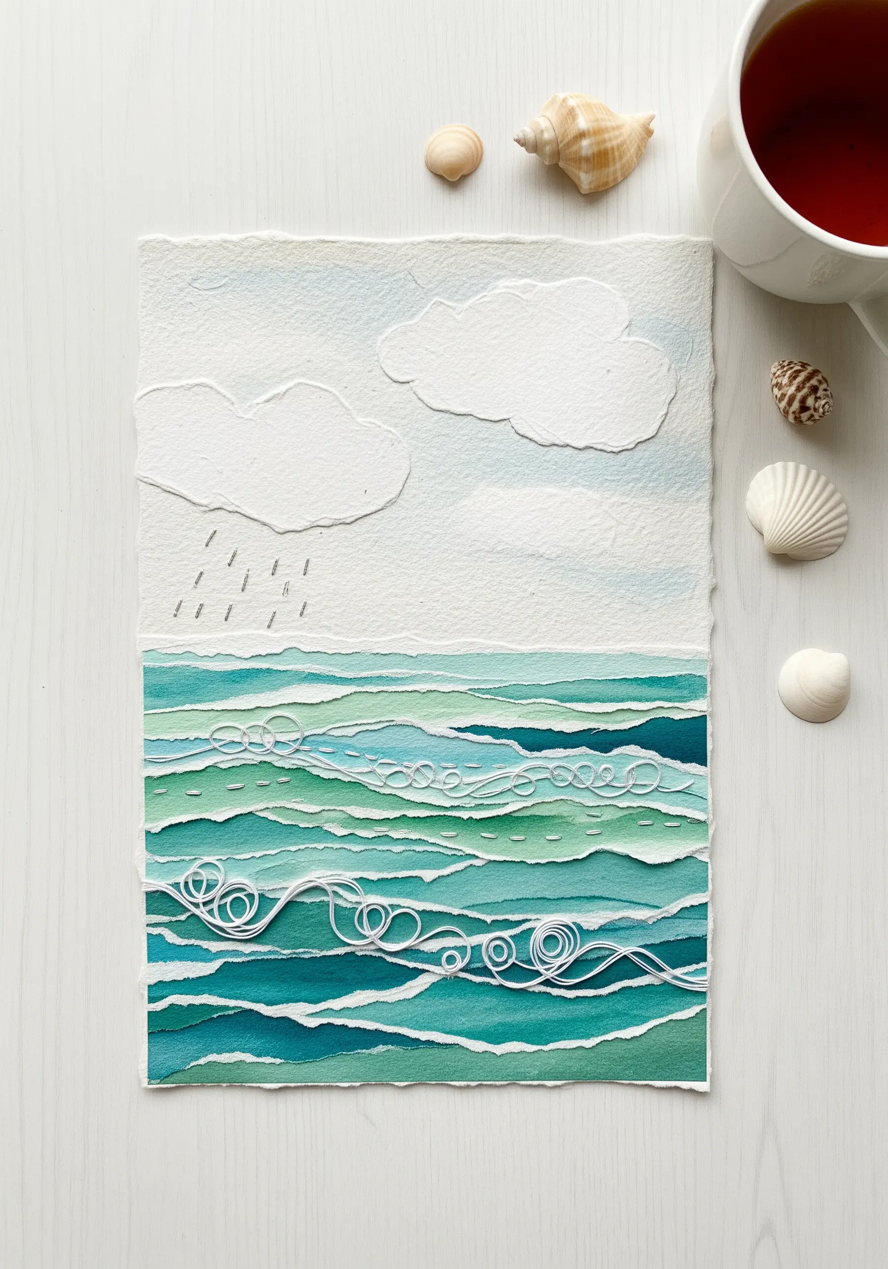Torn paper collage of a seascape with white embroidered swirls representing ocean waves.