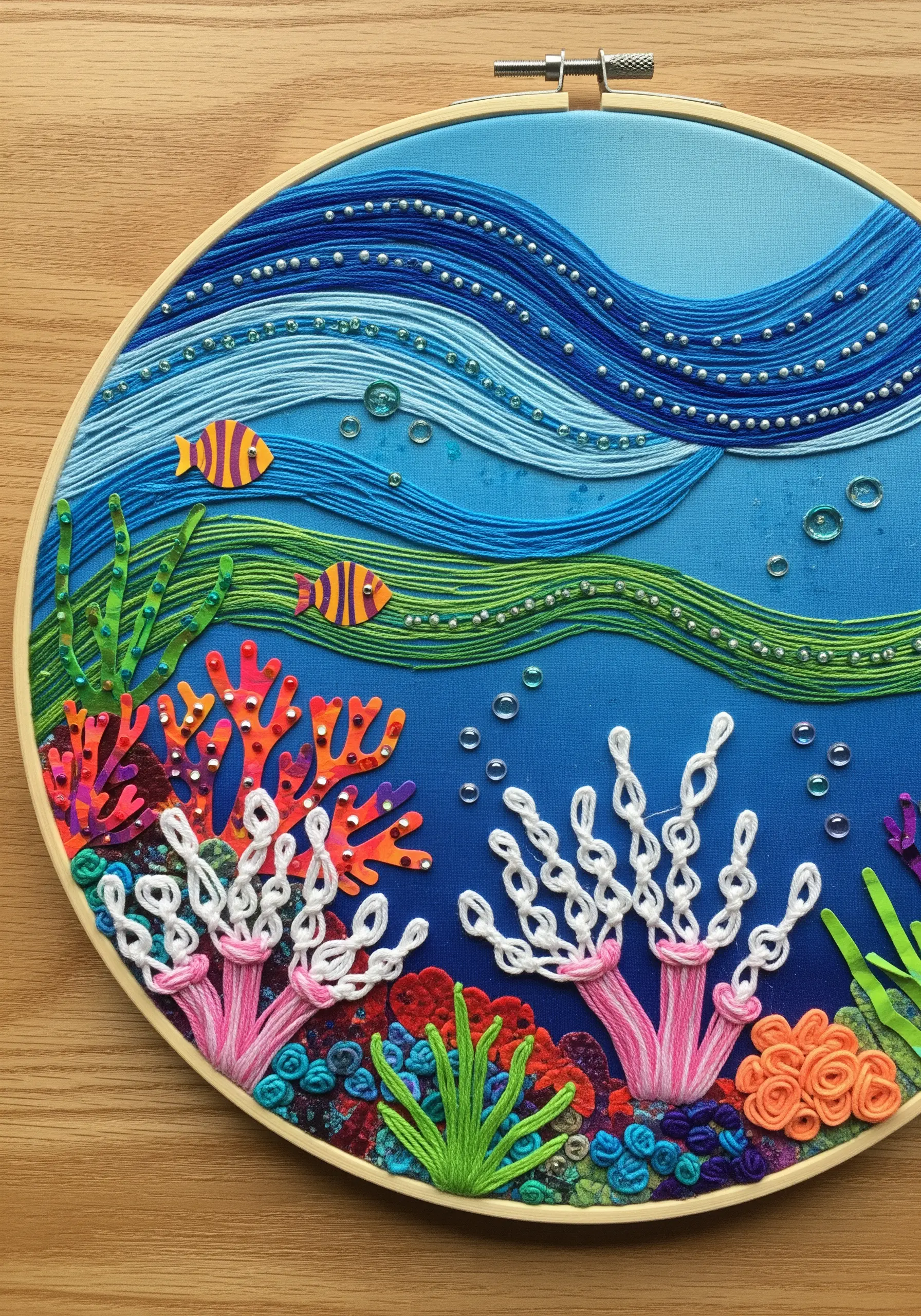 A vibrant underwater embroidery scene with couched threads for waves and beads for bubbles.