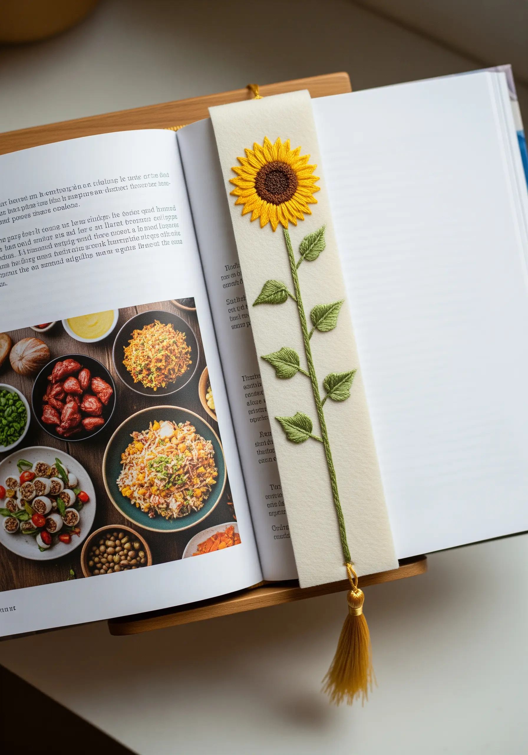 Felt bookmark with a single, delicately embroidered sunflower and a long, smooth stem.