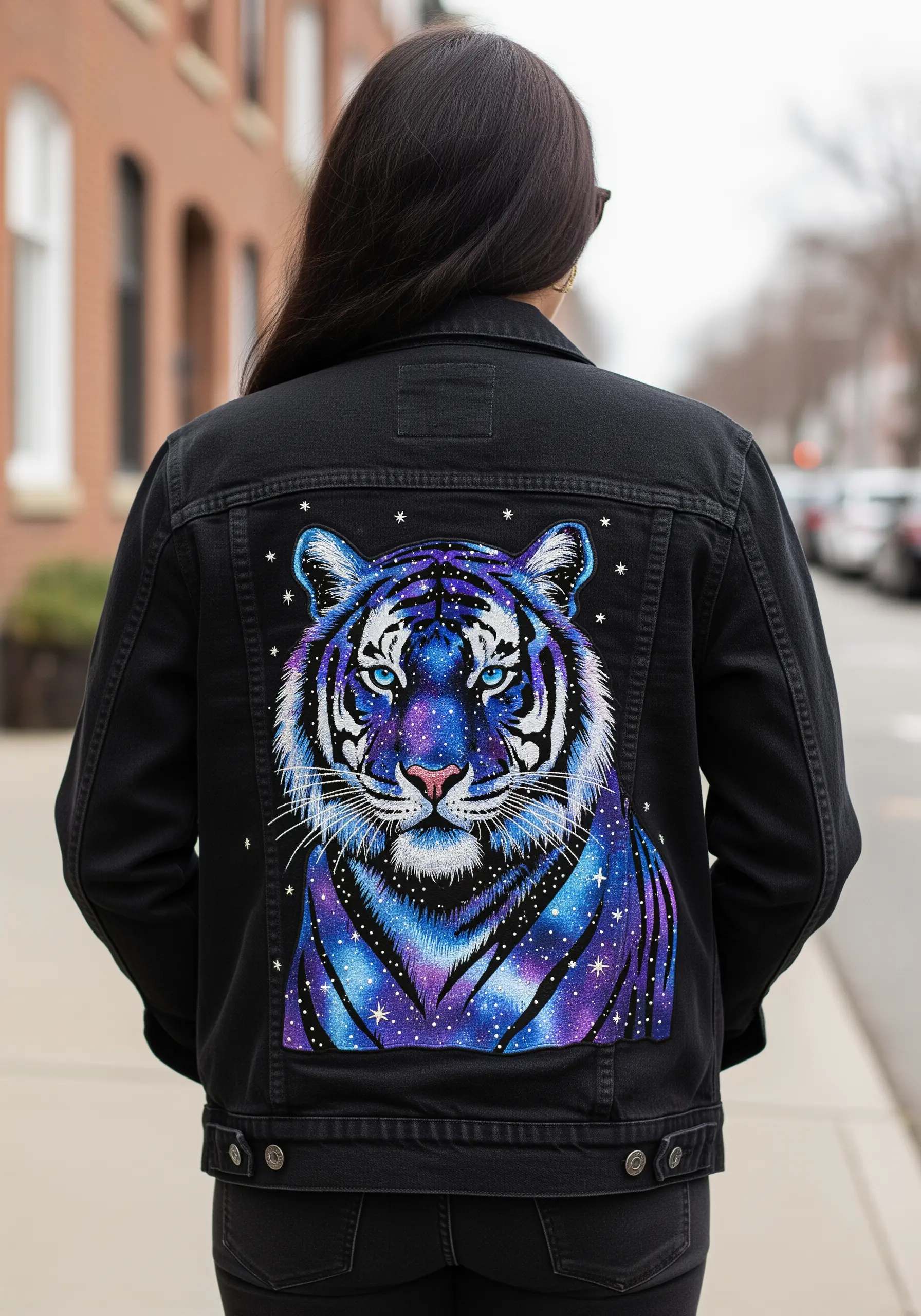 A cosmic galaxy tiger patch with embroidered highlights on the back of a black denim jacket.