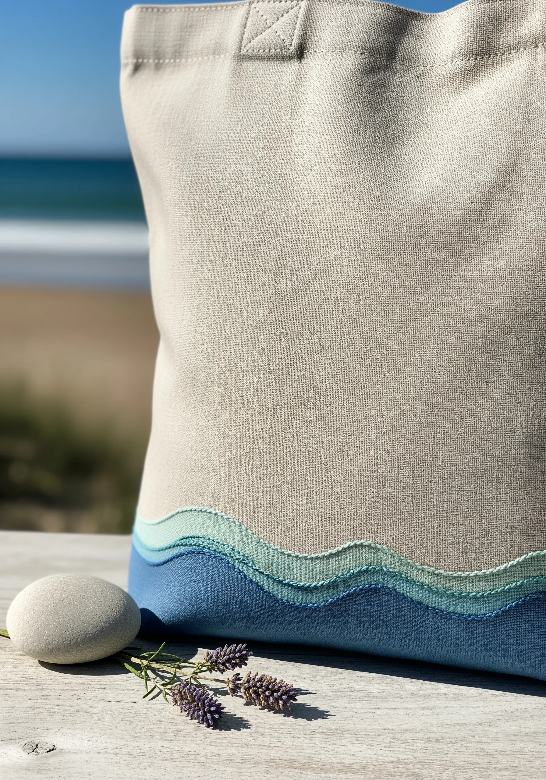 Layered blue fabric appliqué waves on a tote bag, edged with embroidery.