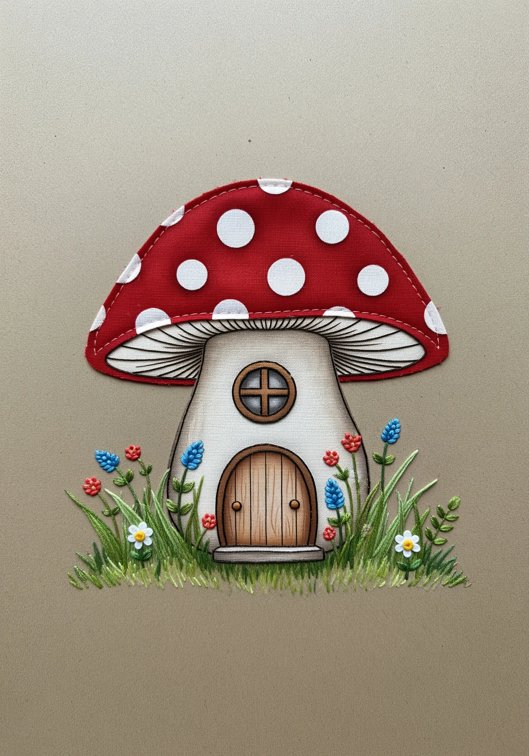 A fabric appliqué mushroom house with colored pencil shading and embroidered flowers
