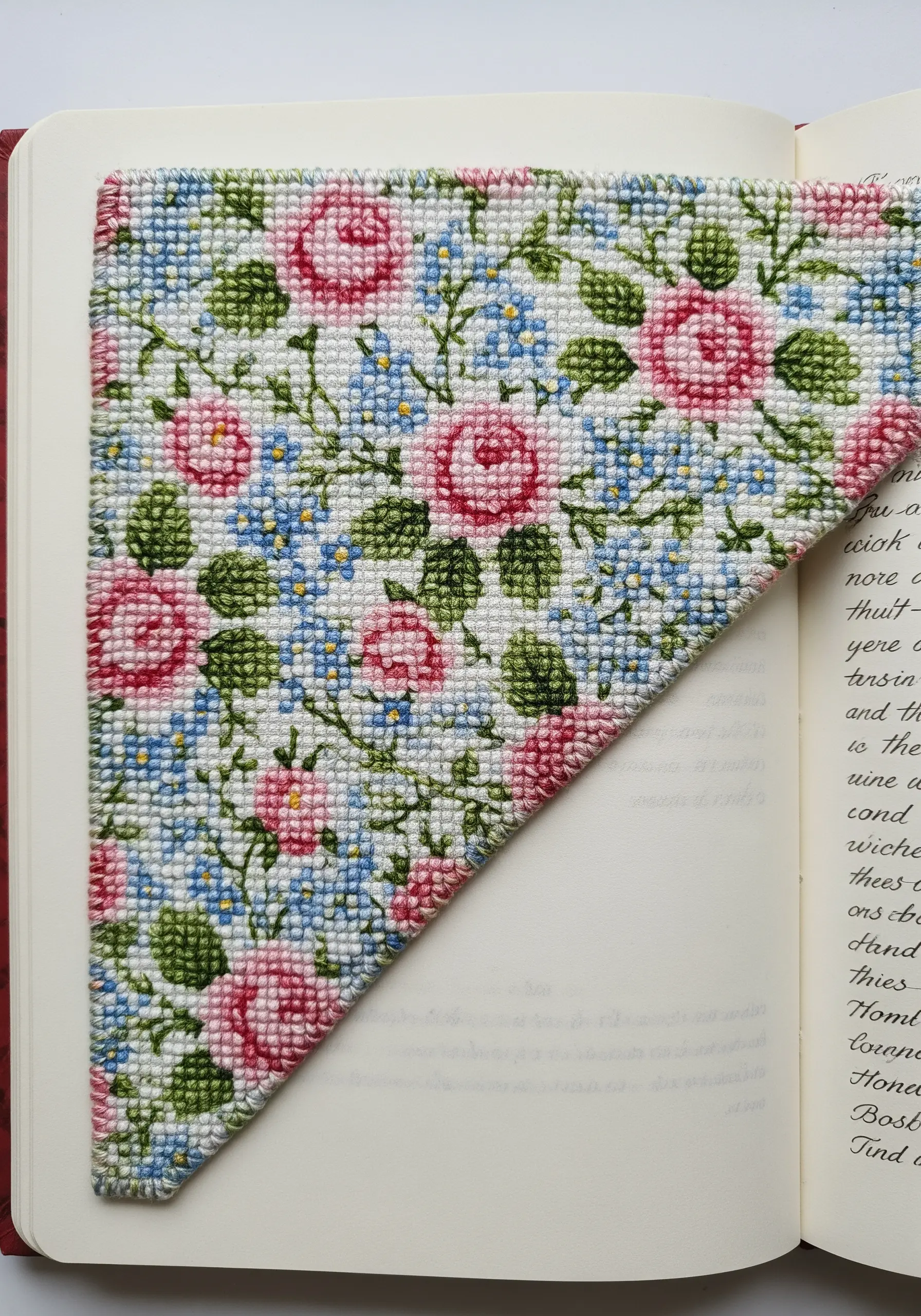 A floral cross-stitch corner bookmark with a neatly finished whip stitch edge.