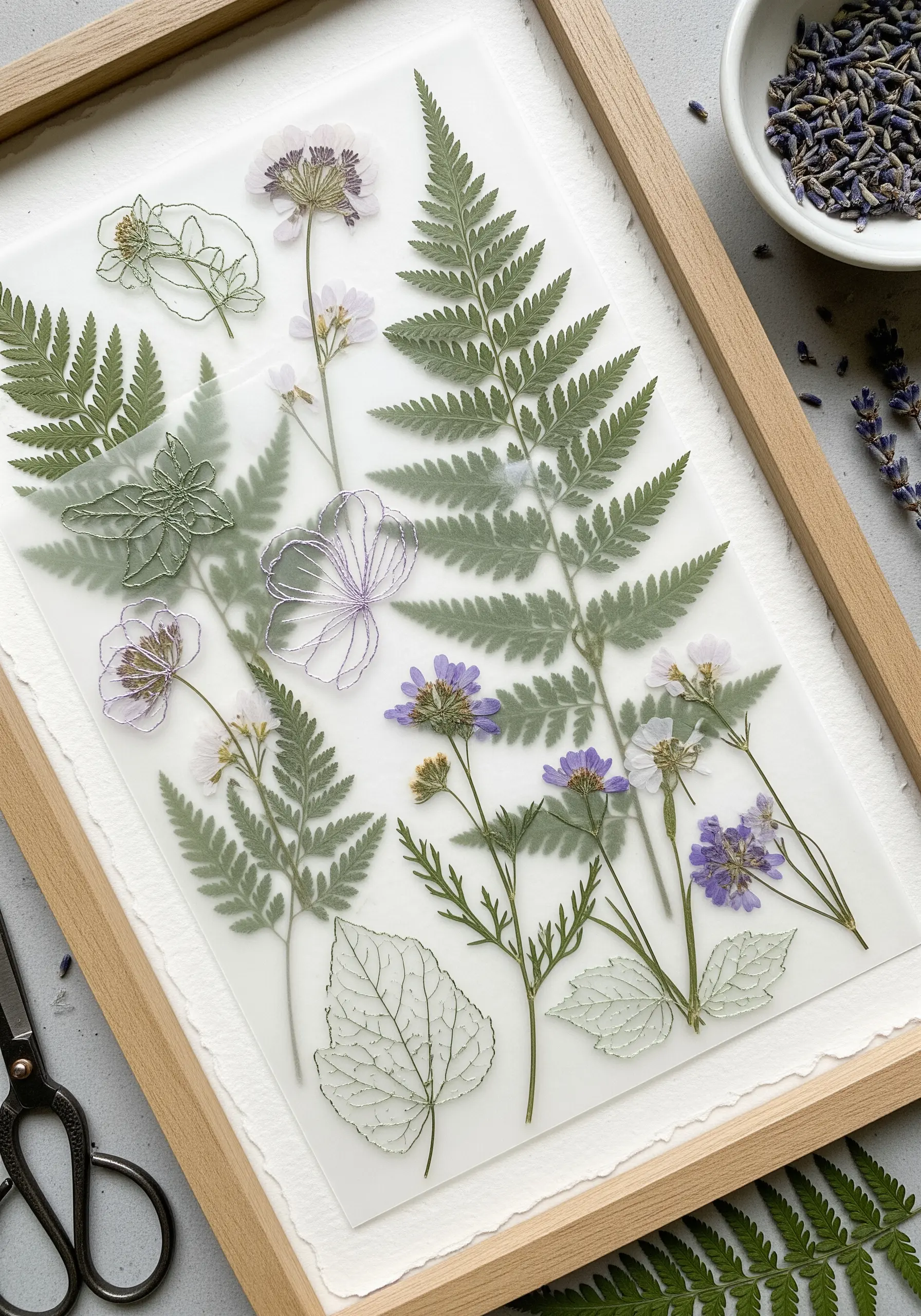 Pressed ferns and flowers layered under sheer fabric with white thread line-art embroidery.
