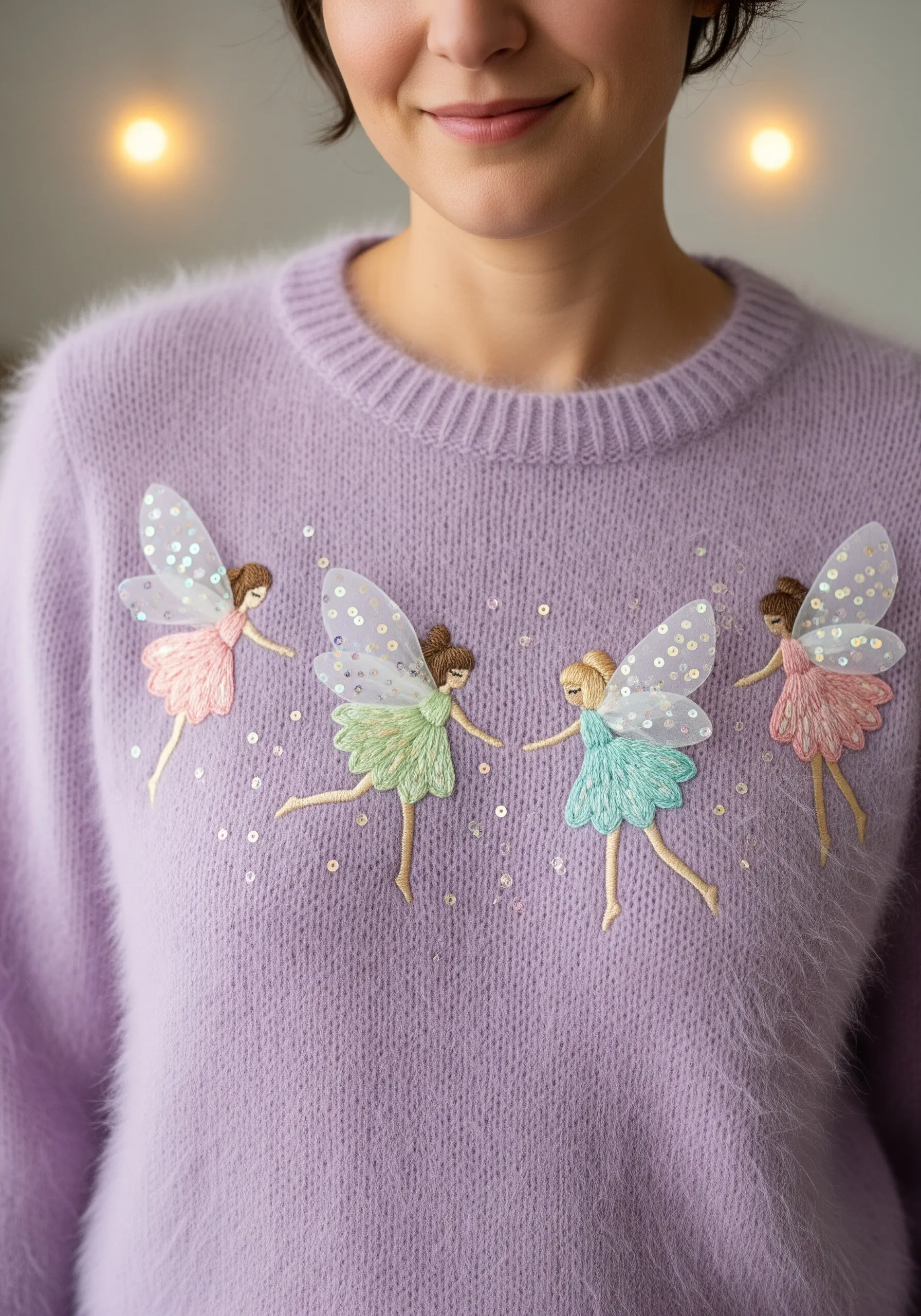 Embroidered fairies with sheer tulle wings and sequins on a fluffy purple sweater.