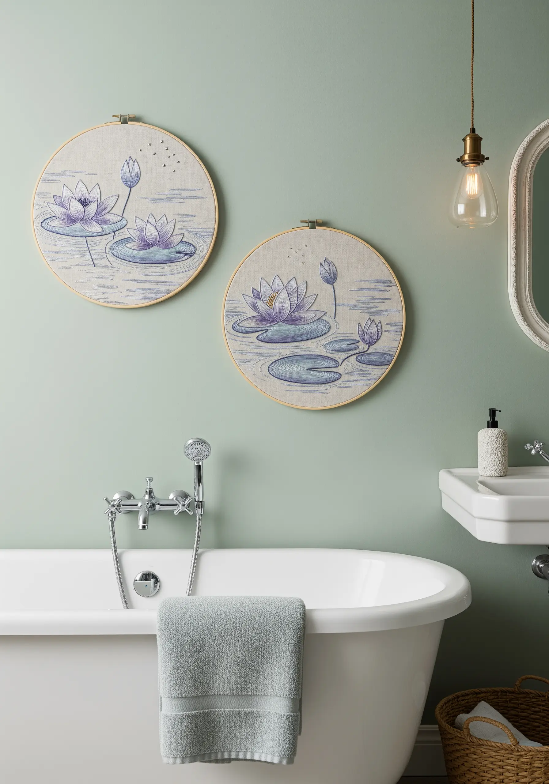 A pair of embroidery hoops featuring serene water lilies on a pale background