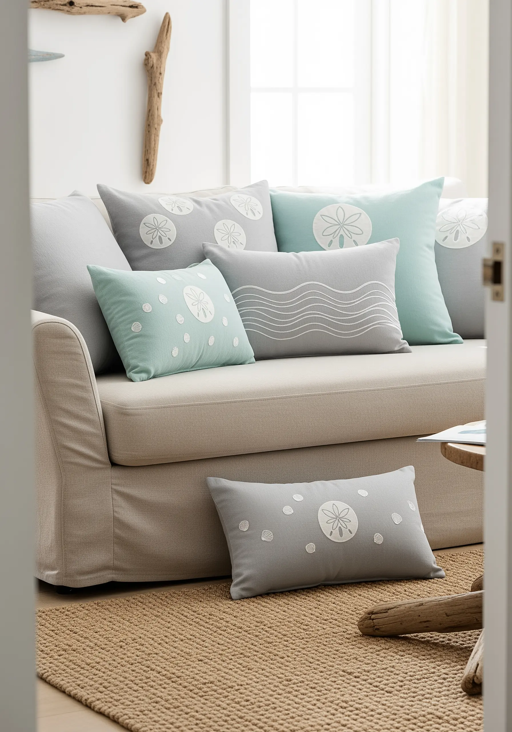 Coastal-themed embroidery with sand dollars and waves on mint and grey cushions