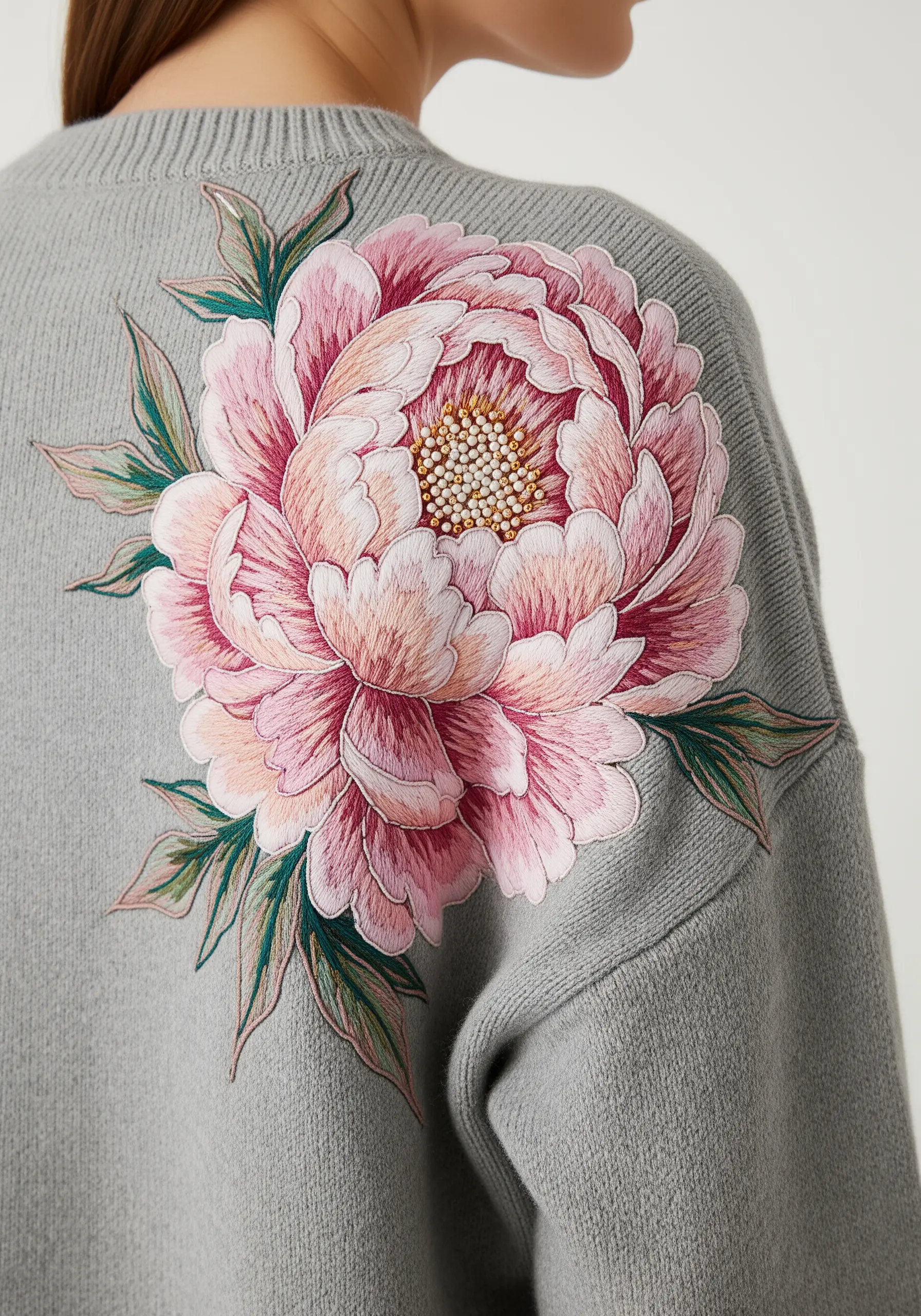 A large, painterly pink peony embroidered on the shoulder of a grey sweater.