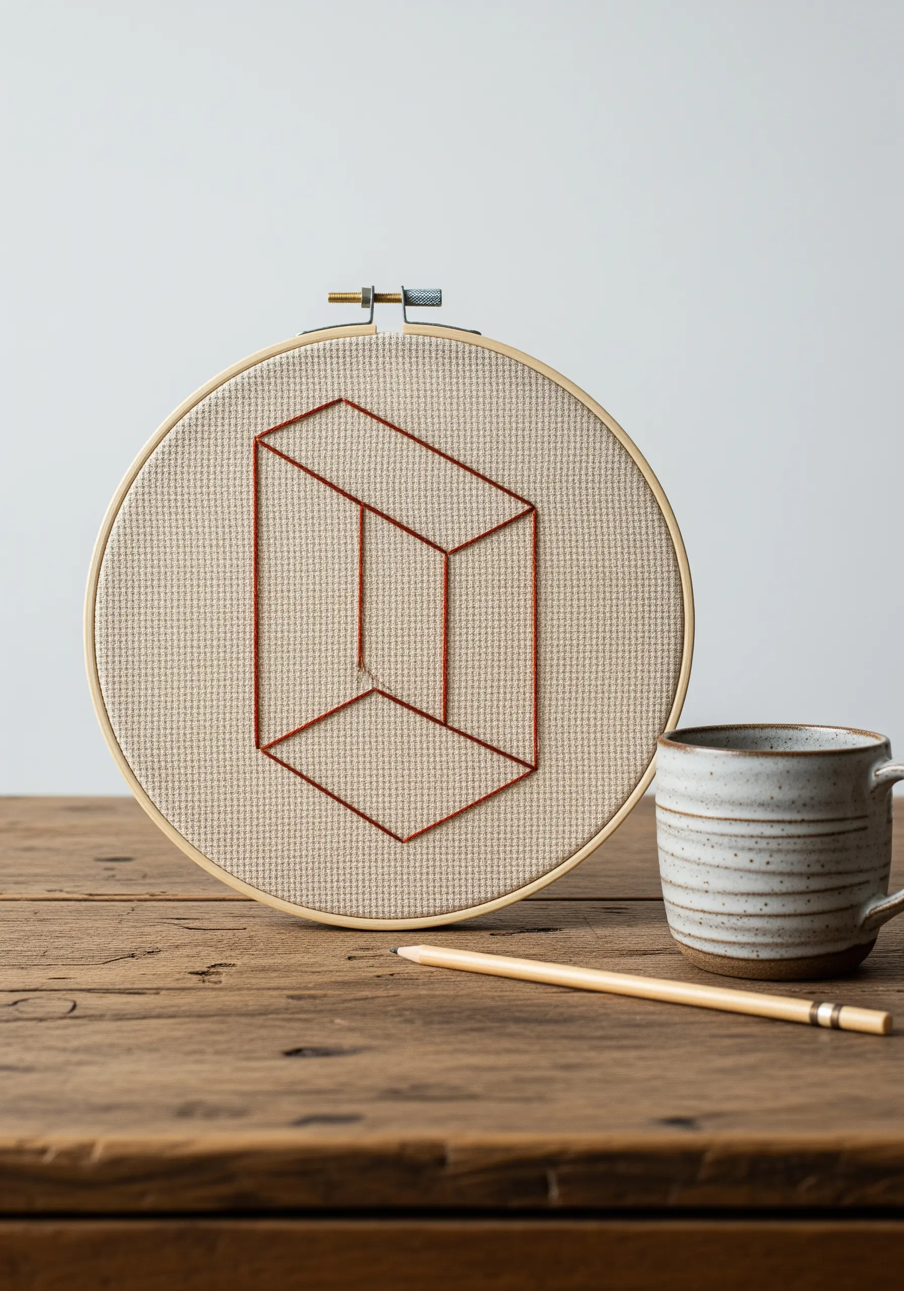 An impossible cube stitched in rust-colored thread on gridded Aida cloth, creating an optical illusion.