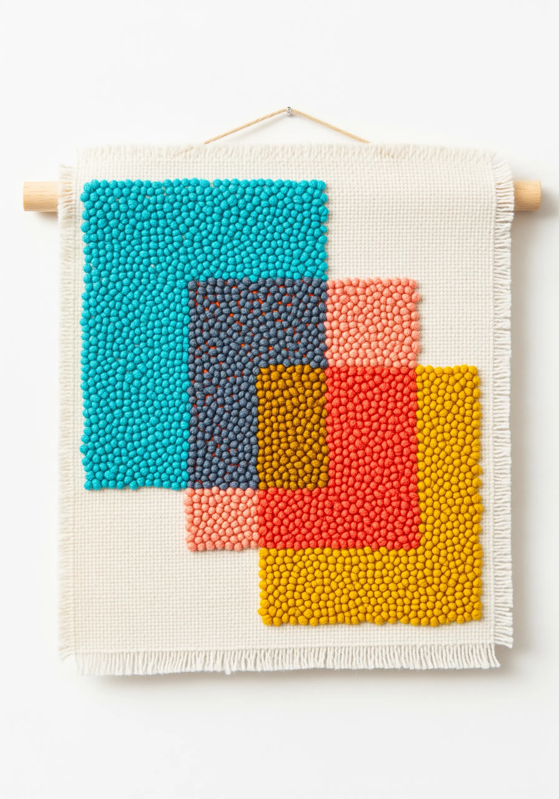 Abstract punch needle wall hanging with blocks of turquoise, coral, and yellow.