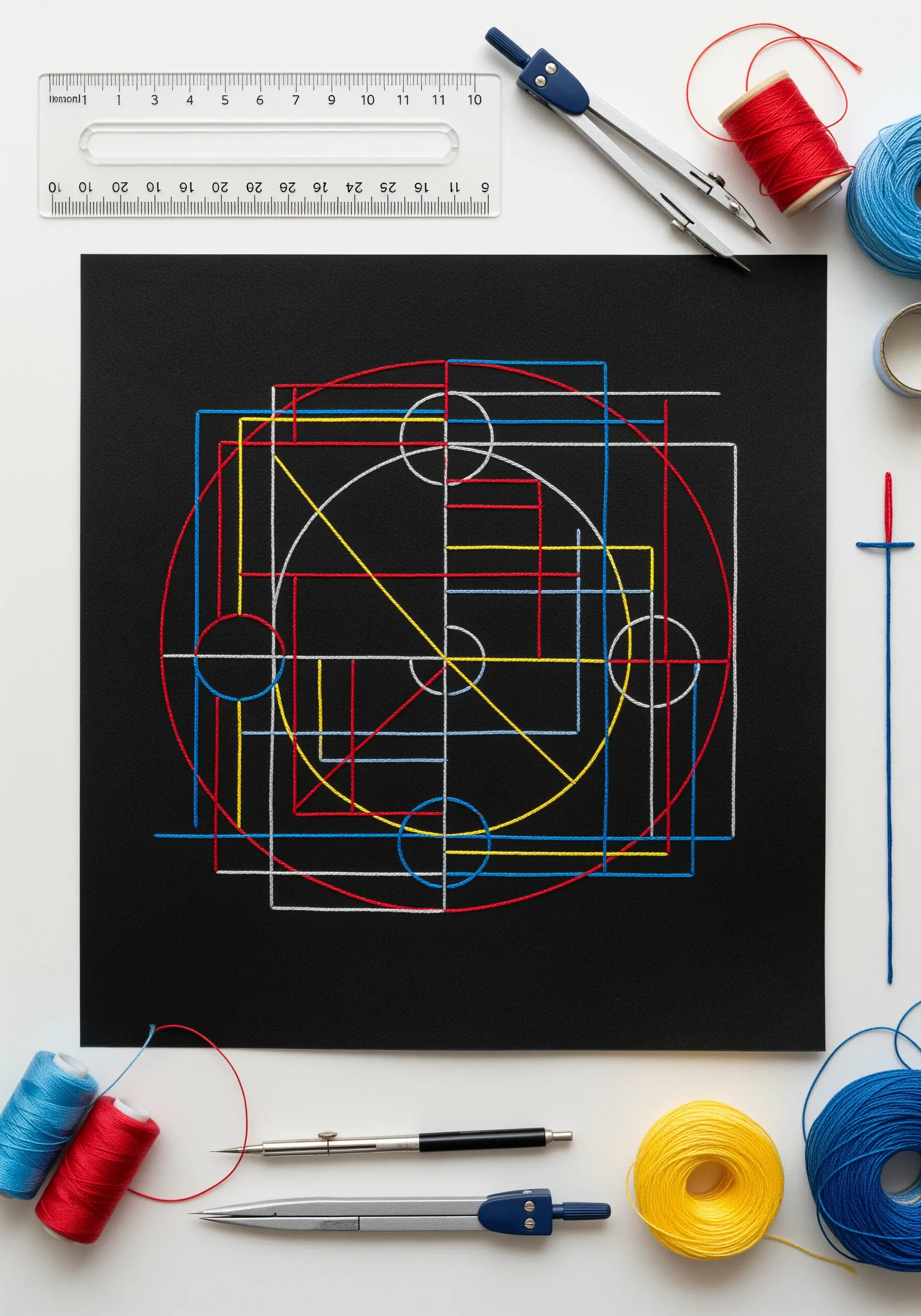An abstract geometric design stitched with red, yellow, blue, and white thread on black paper.