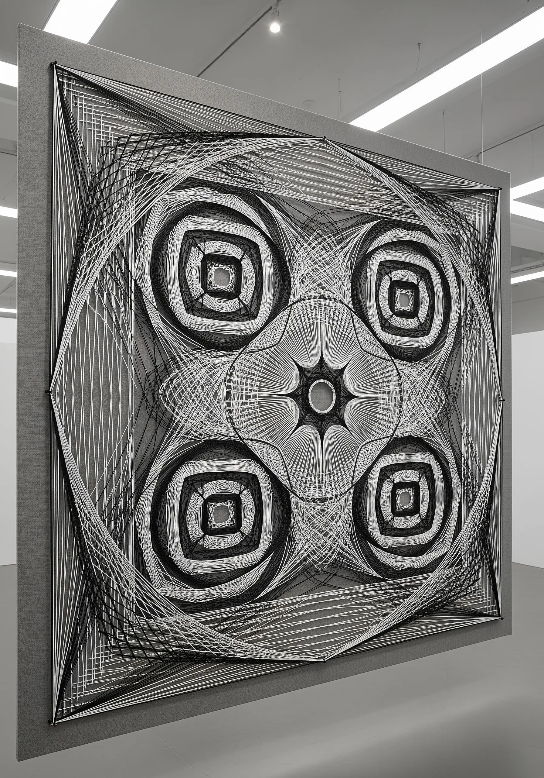 Large-scale monochrome string art with complex, overlapping geometric patterns
