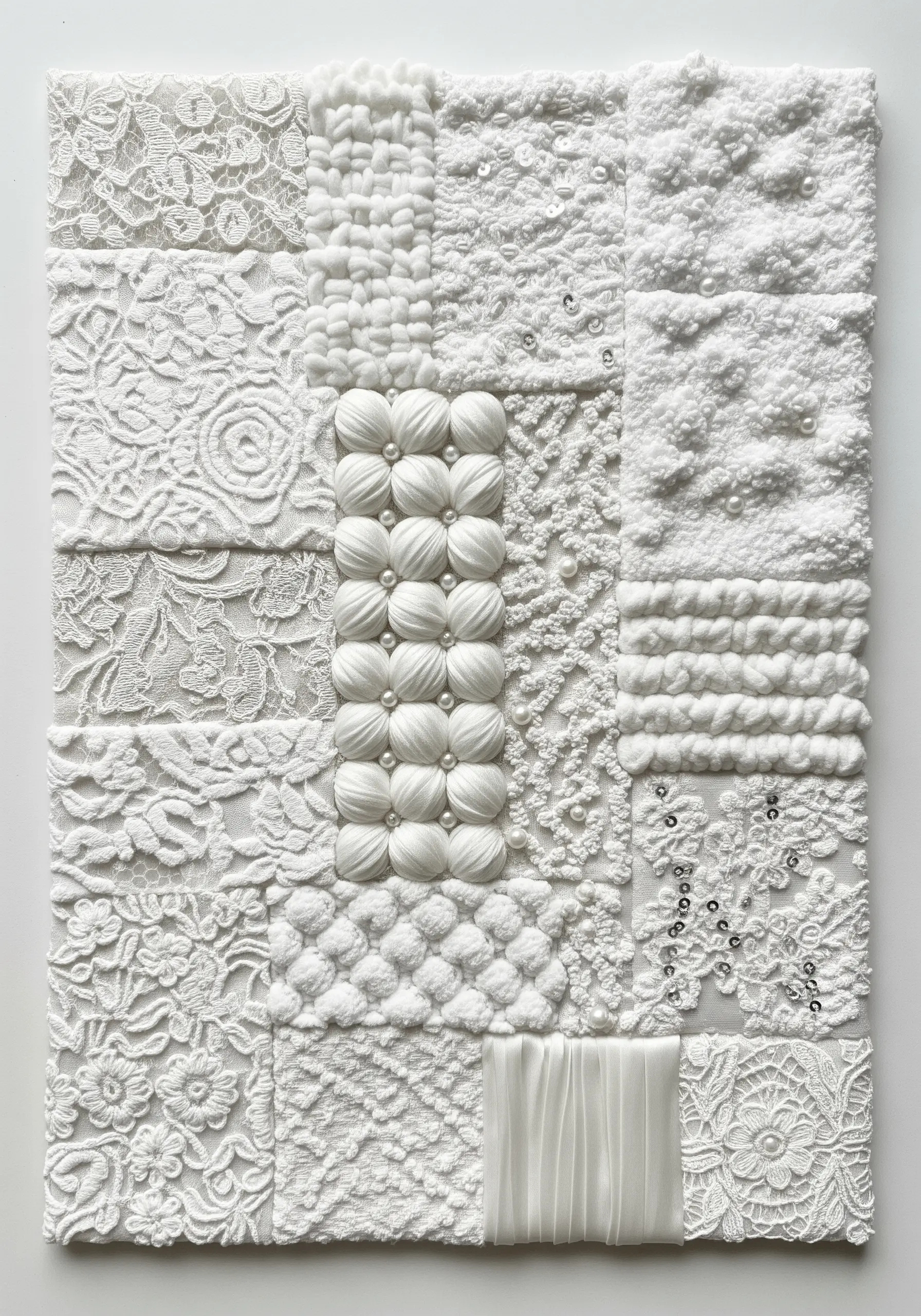 Monochrome white textile collage featuring lace, woven yarn, beads, and terry cloth textures.