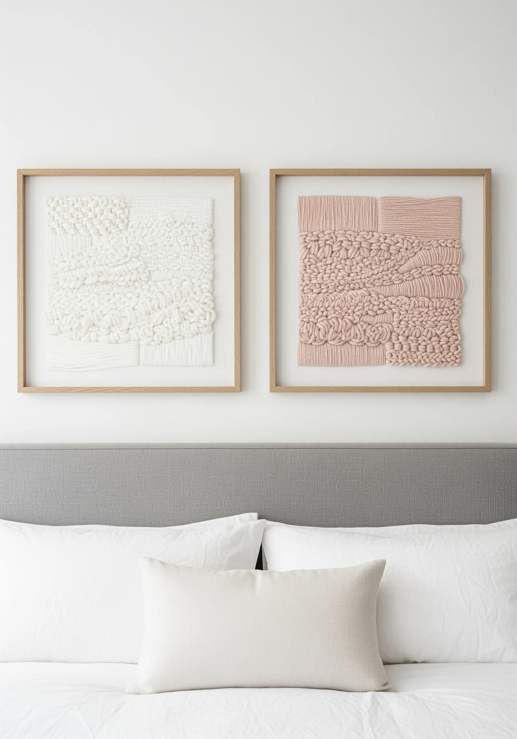 A pair of framed textural fiber art pieces in white and pink yarn.