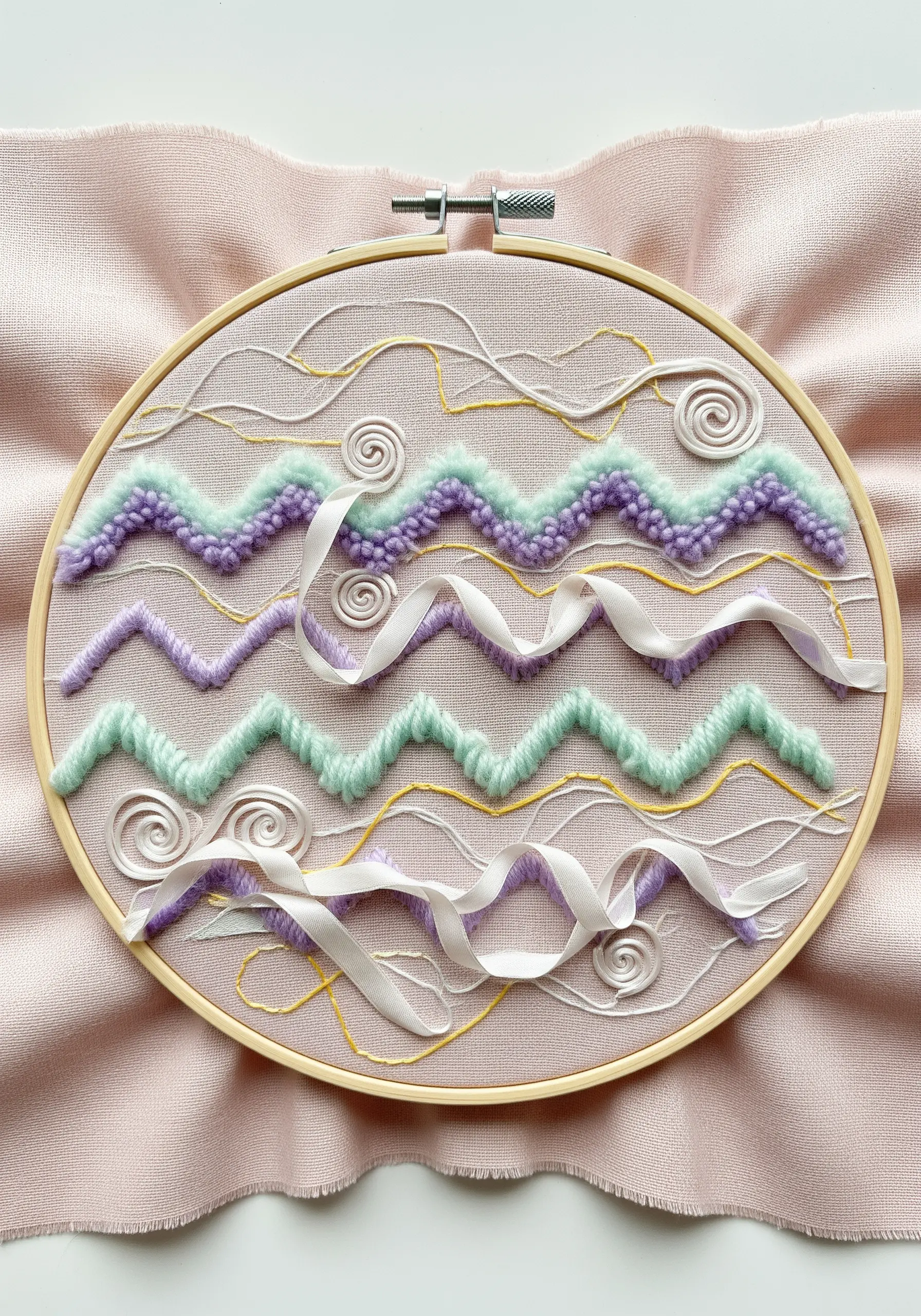 Soft pastel embroidery with punch needle zigzags, woven white ribbon, and small white spirals.