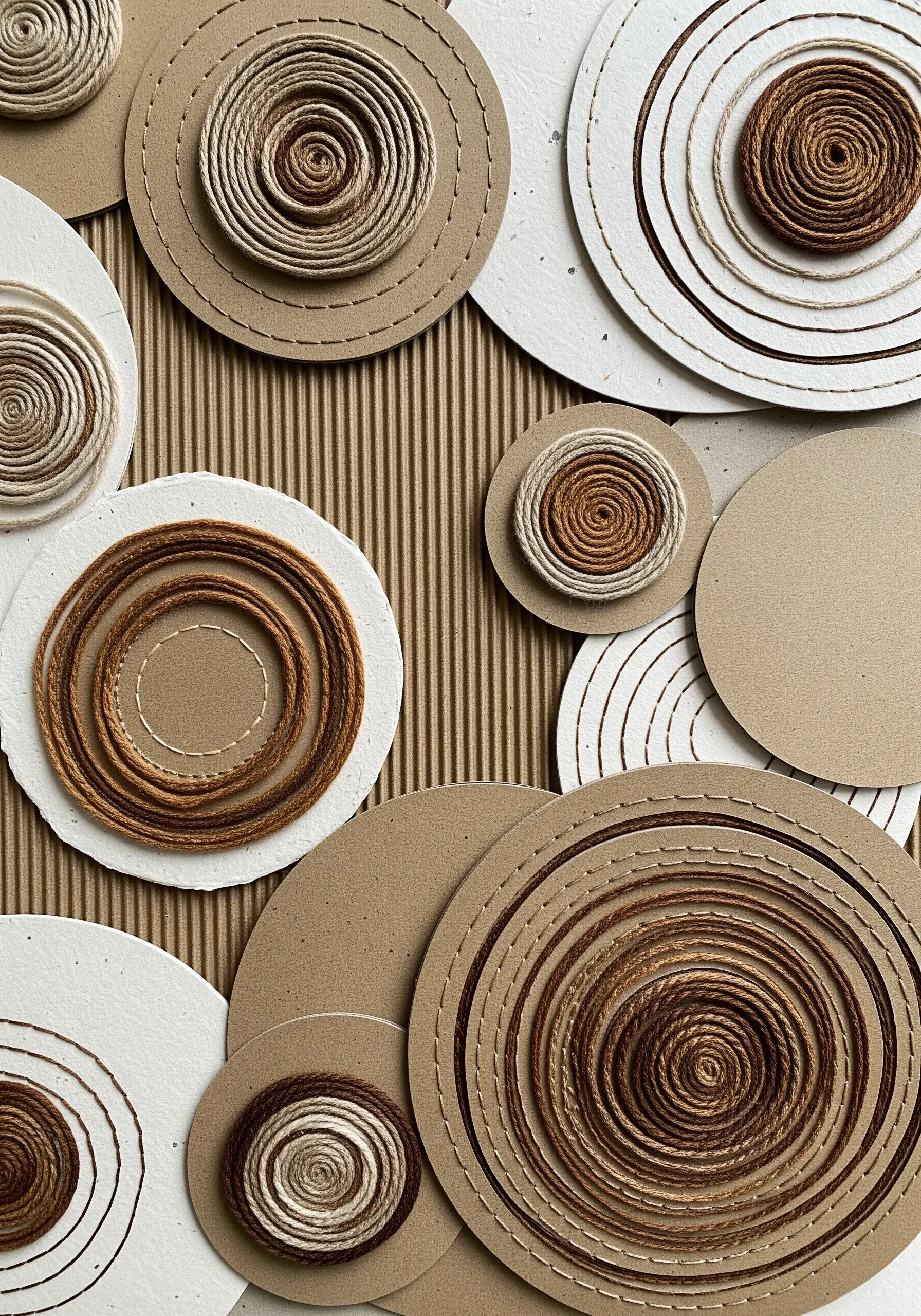 An abstract collage of layered cardboard circles with couched yarn creating spiral patterns.