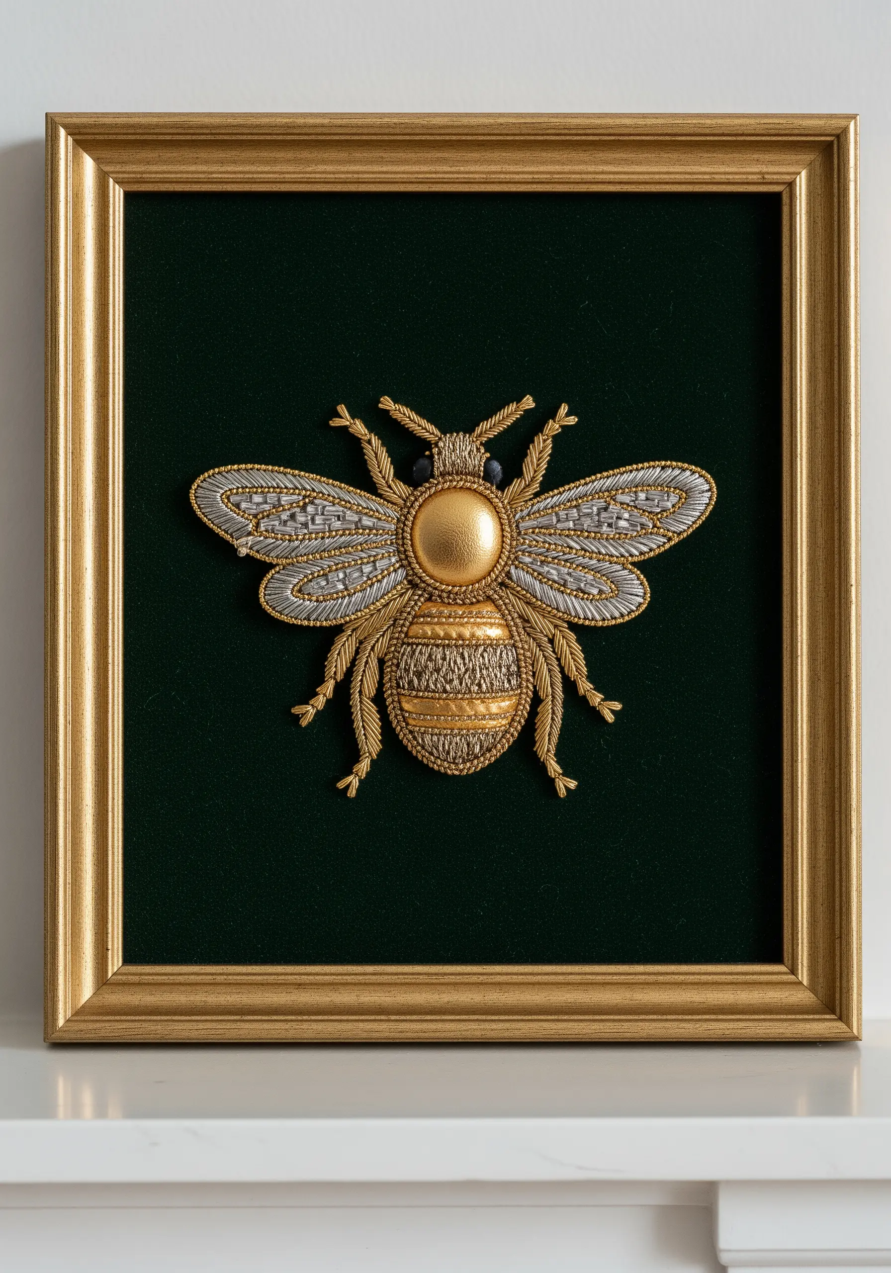A framed Goldwork embroidery of a bee using raised metal threads on green velvet.