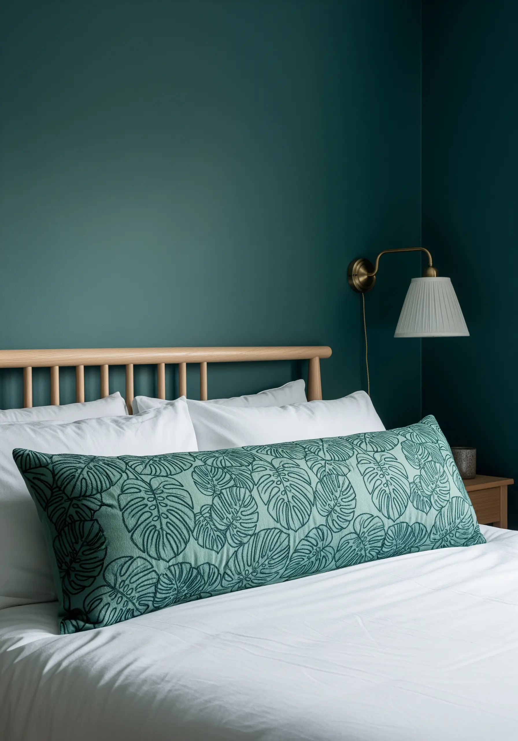 Tone-on-tone monstera leaf outlines embroidered on a green bolster pillow.
