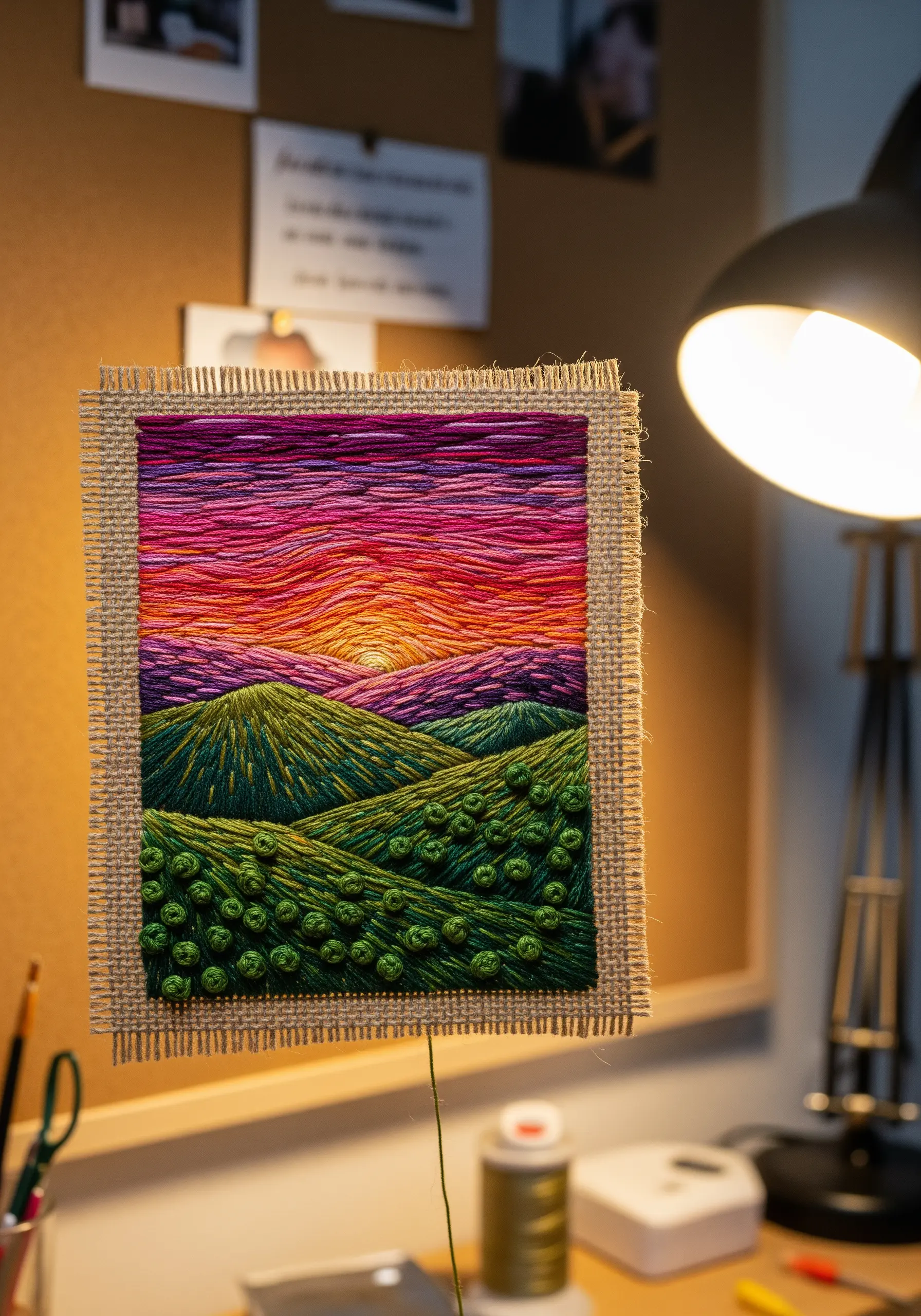A vibrant embroidered landscape of rolling green hills and a sunset sky on a burlap scrap.