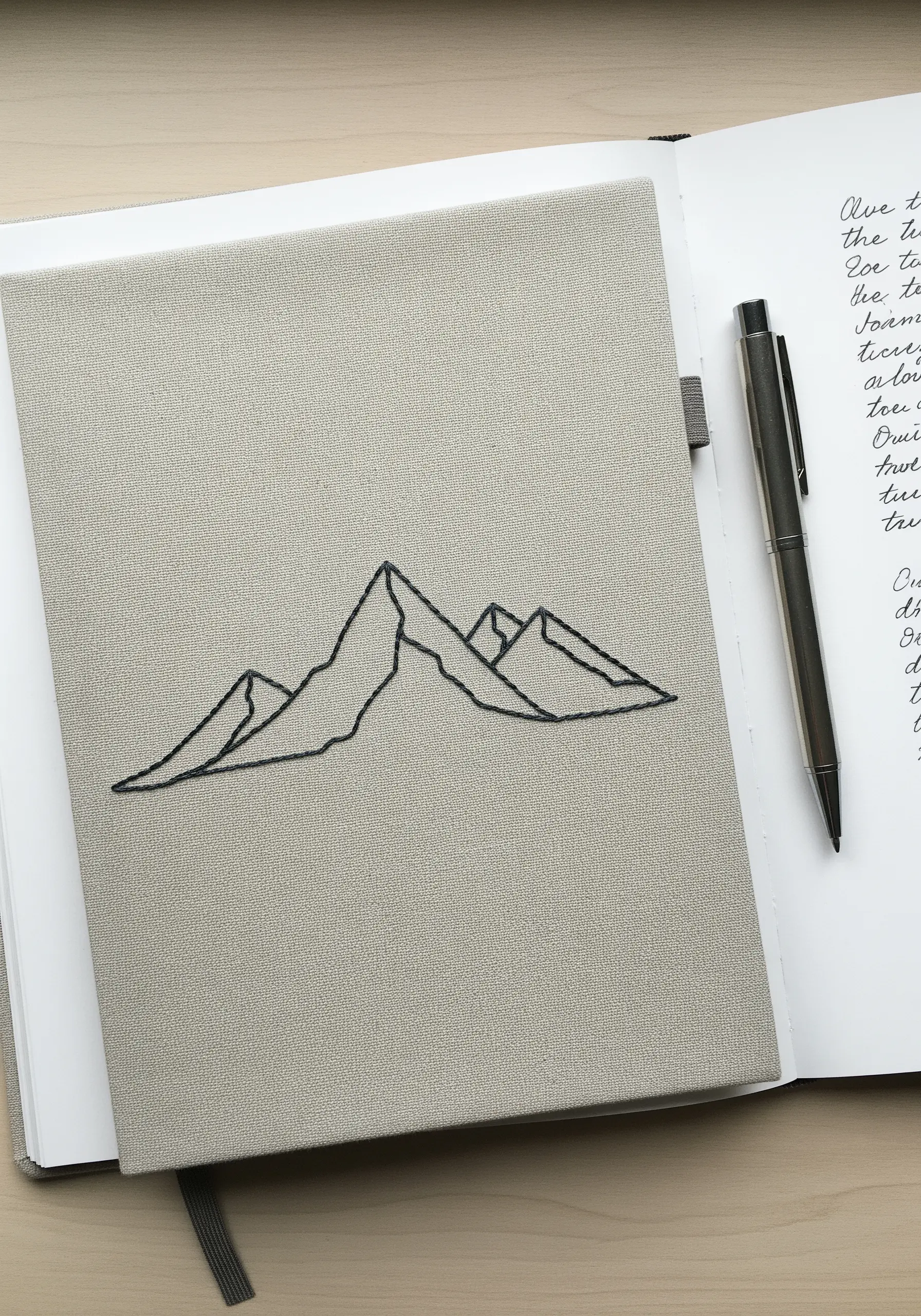 A black thread line art embroidery of mountains on the grey fabric cover of a journal.