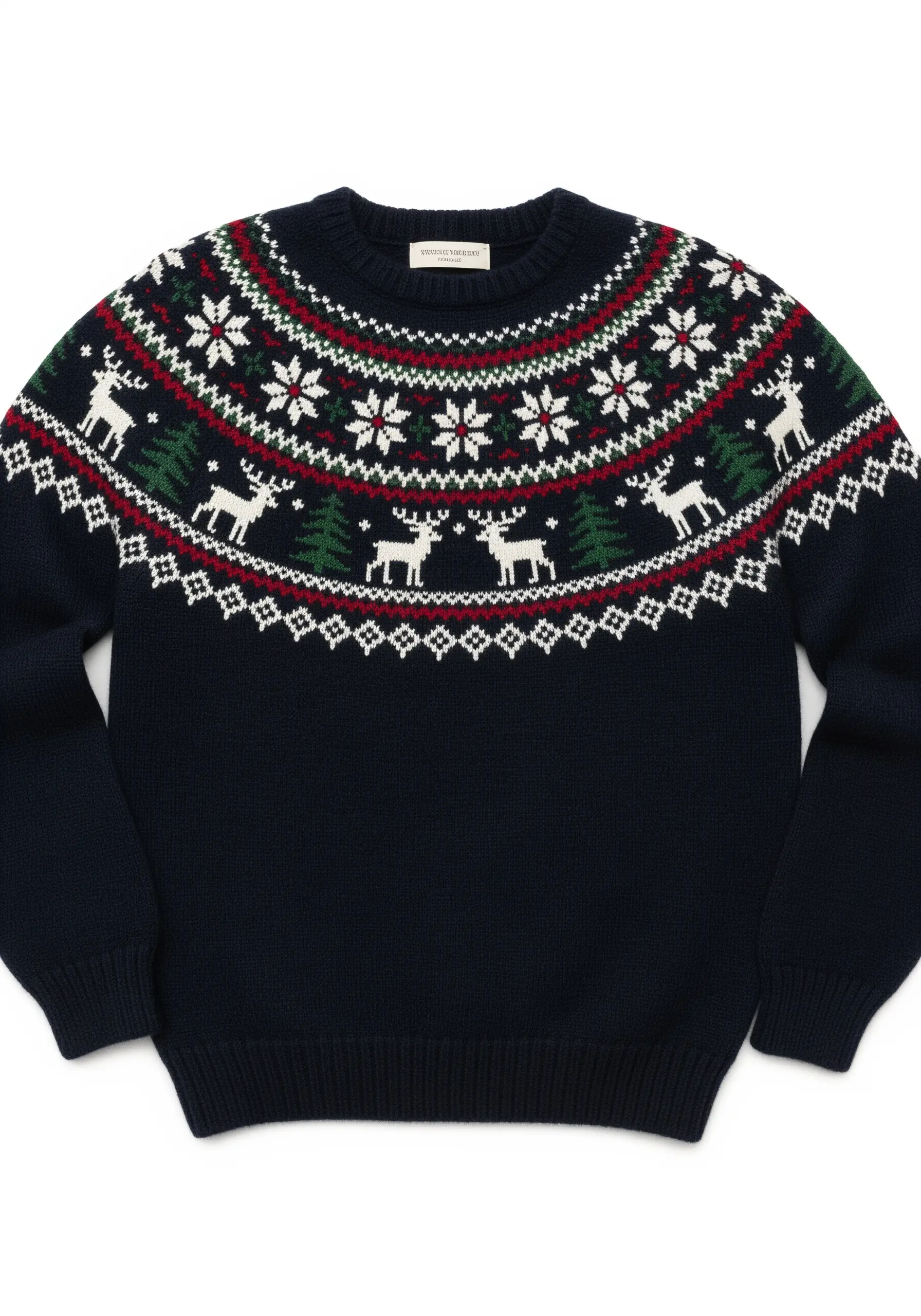 Close-up of a traditional Fair Isle sweater pattern with reindeer and snowflakes.