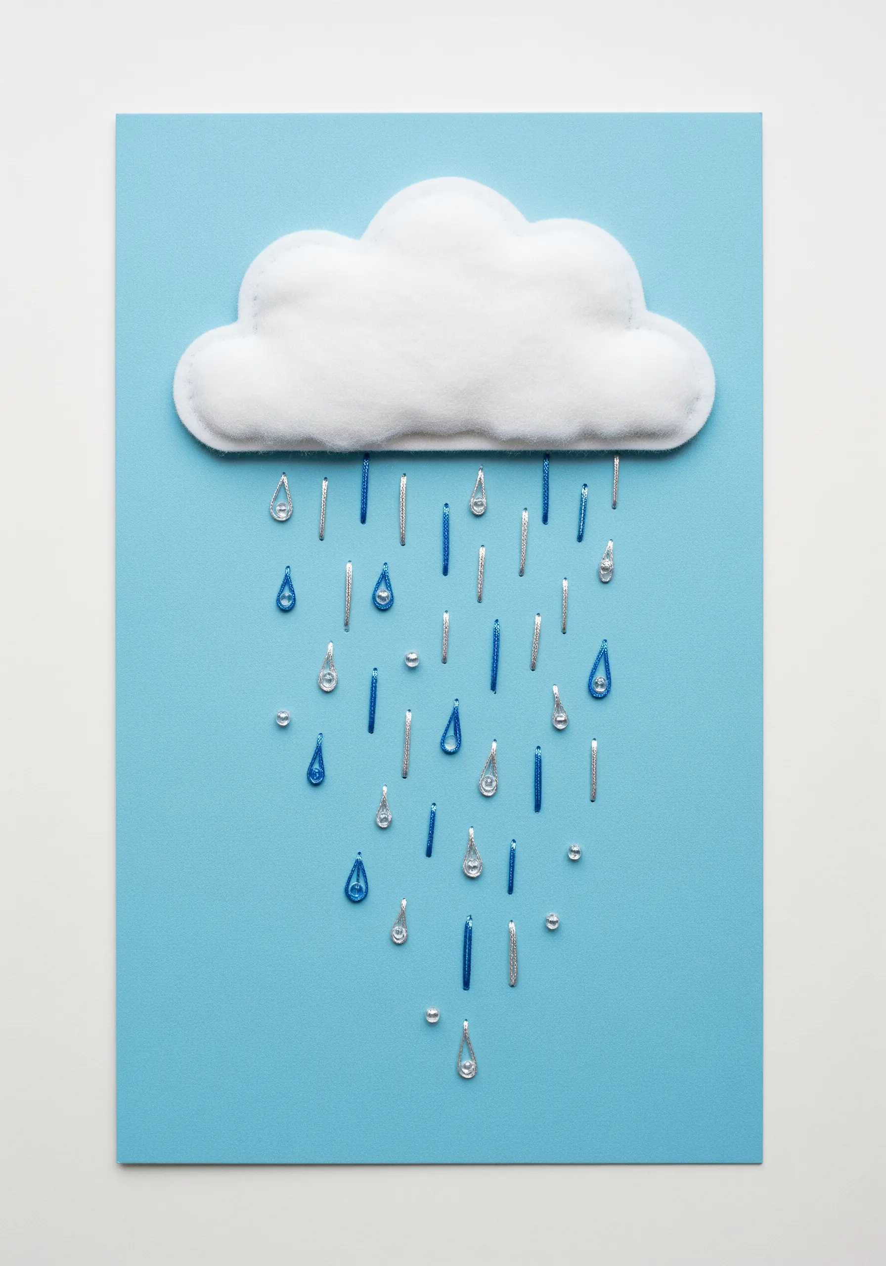 A white felt cloud with silver and blue metallic thread raindrops on blue cardstock