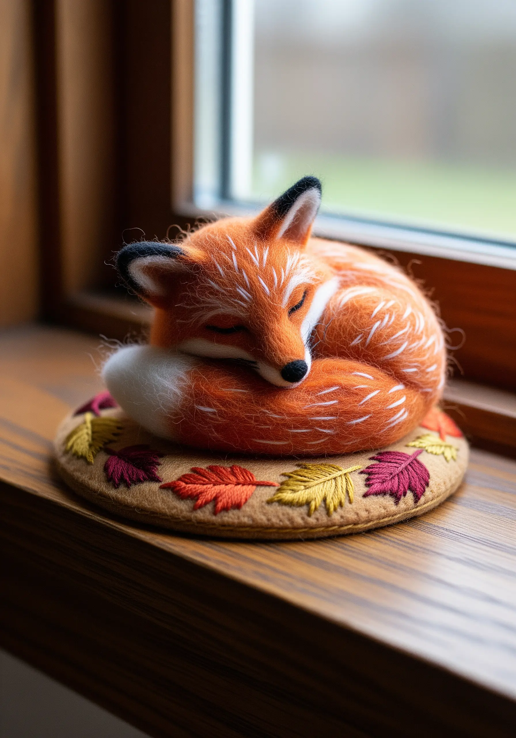 A needle-felted sleeping fox resting on an embroidered cushion with autumn leaves.