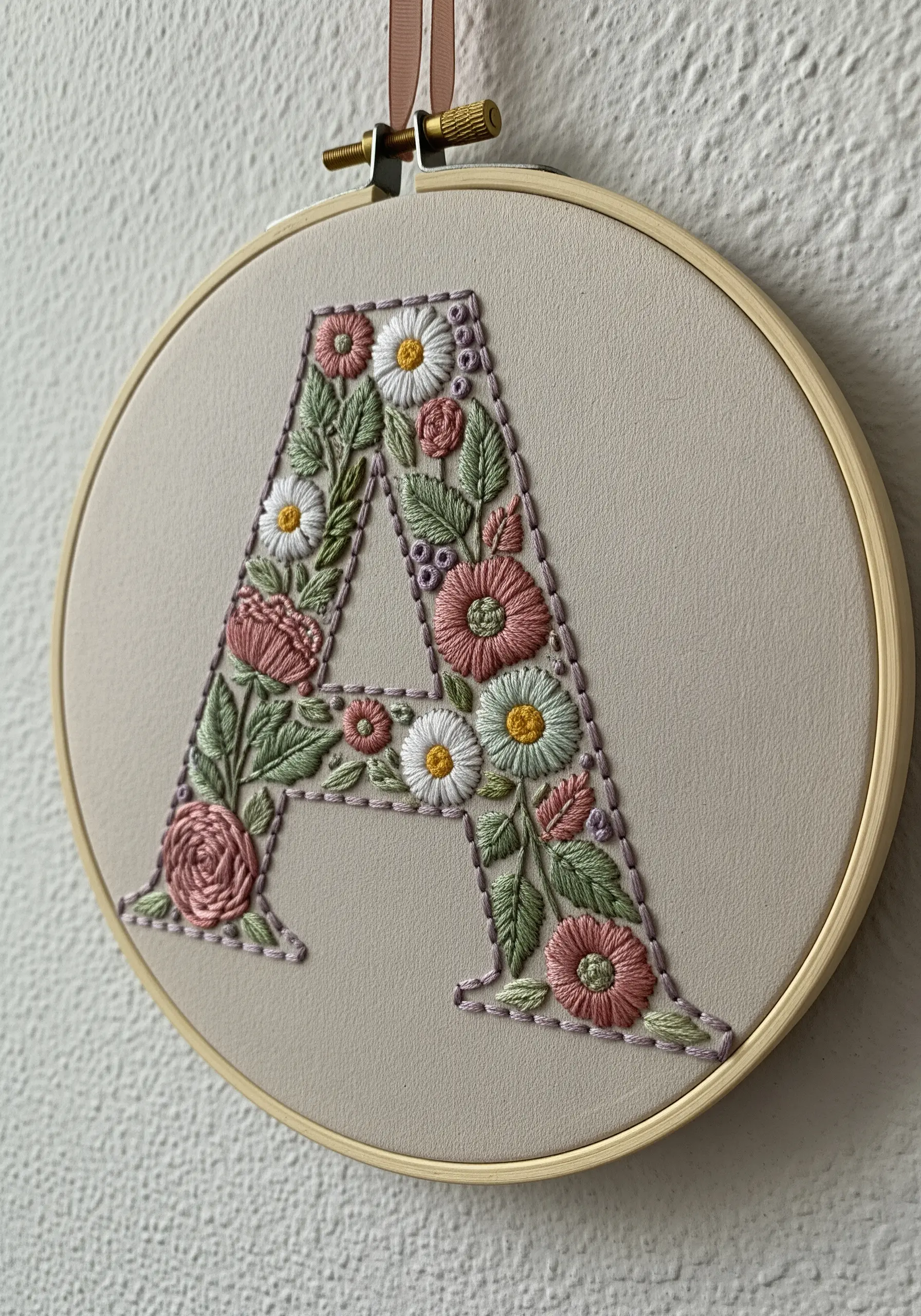 The letter 'A' embroidered in a hoop, filled with a dense pattern of colorful flowers and leaves.