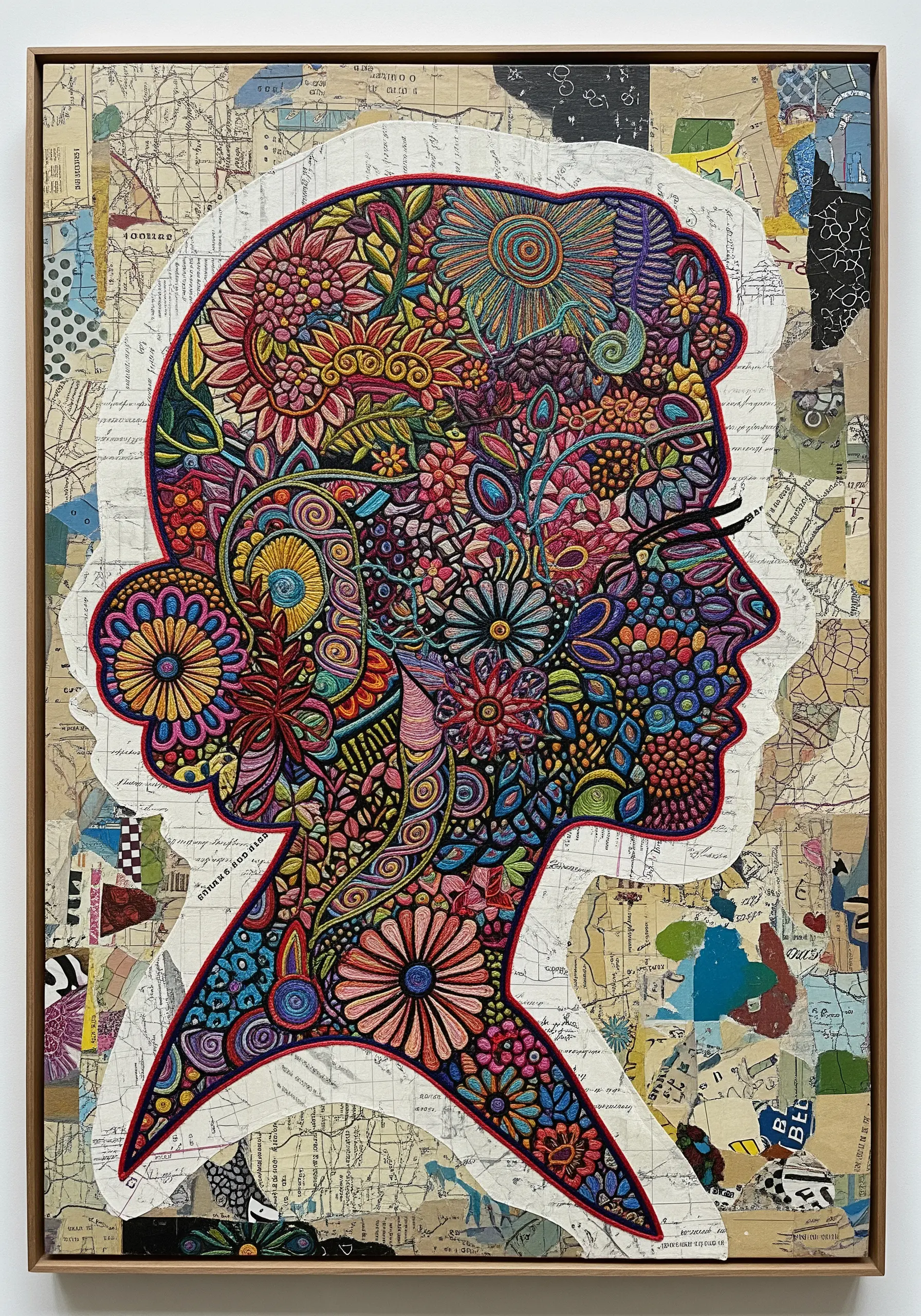 A framed collage featuring a woman's silhouette filled with dense, colorful floral embroidery.