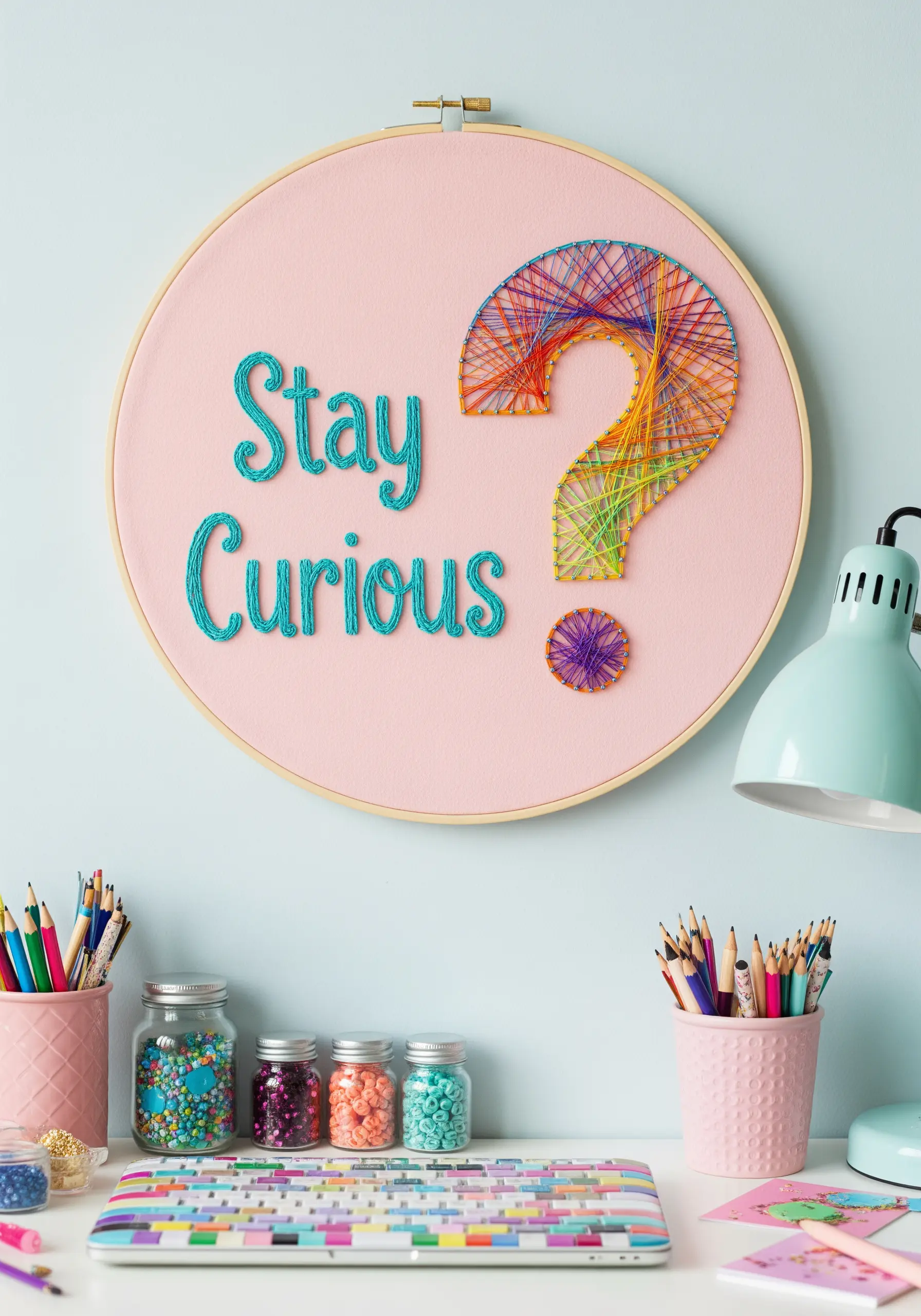 Hoop art with 'Stay Curious' and a question mark filled with rainbow-colored string art.