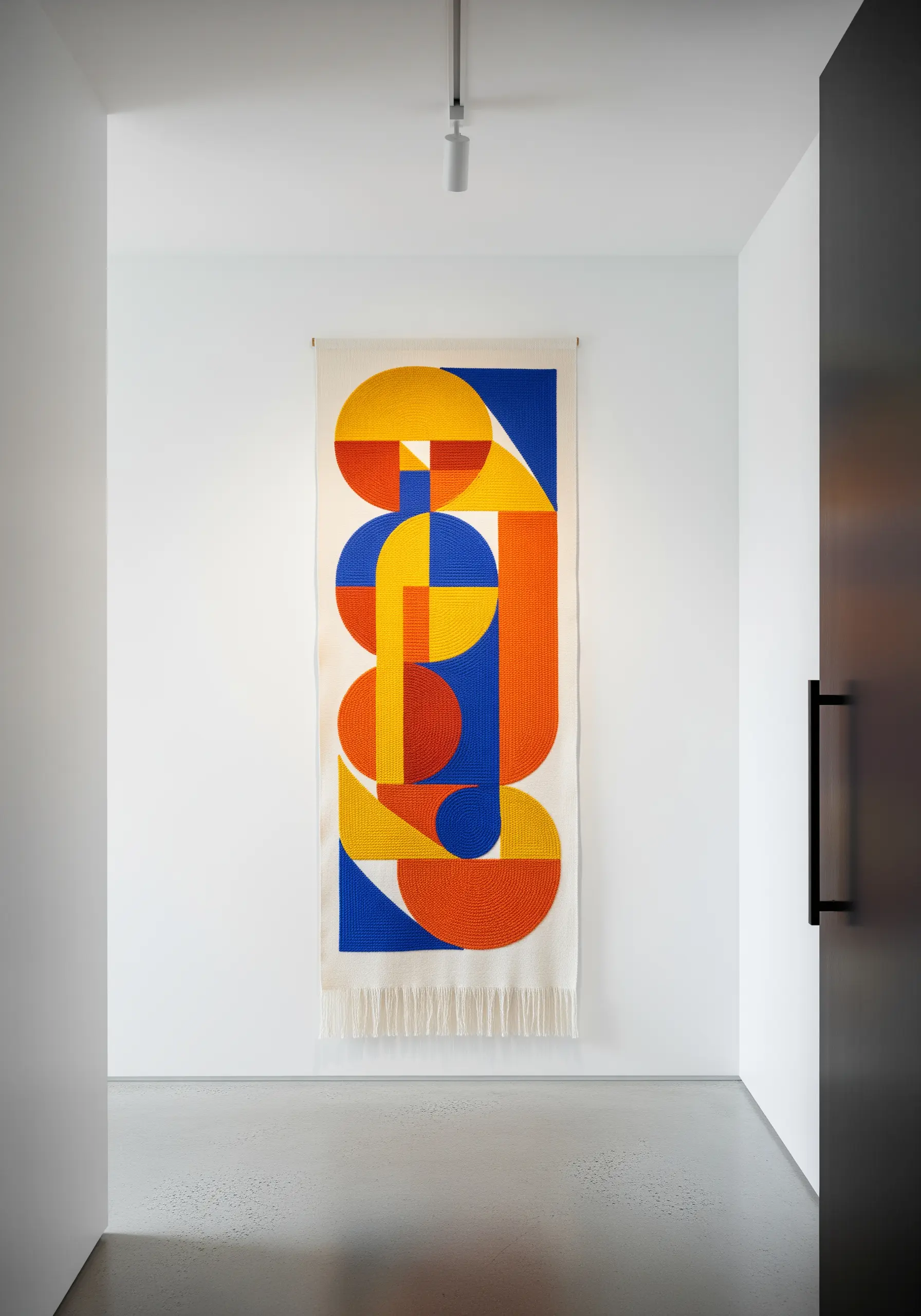 Modern geometric wall hanging with color-blocked shapes in blue, orange, and yellow.