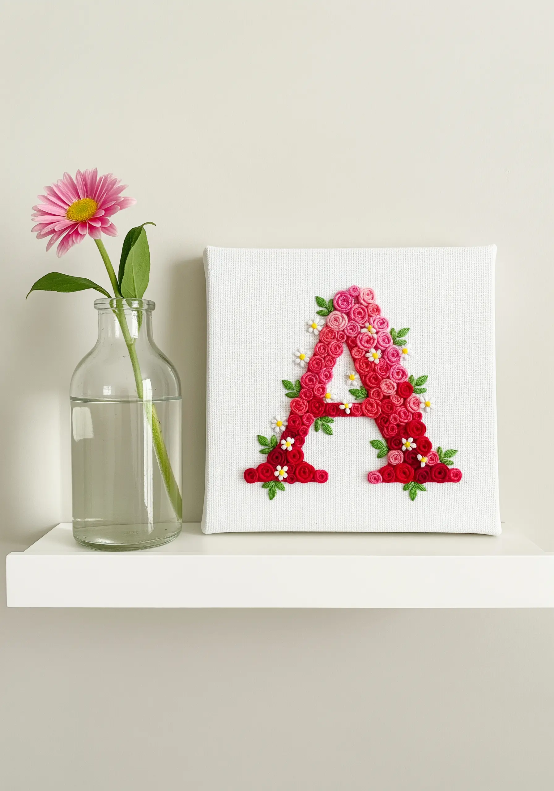 A canvas with a monogram 'A' filled entirely with pink and red 3D rolled fabric roses and tiny flowers.