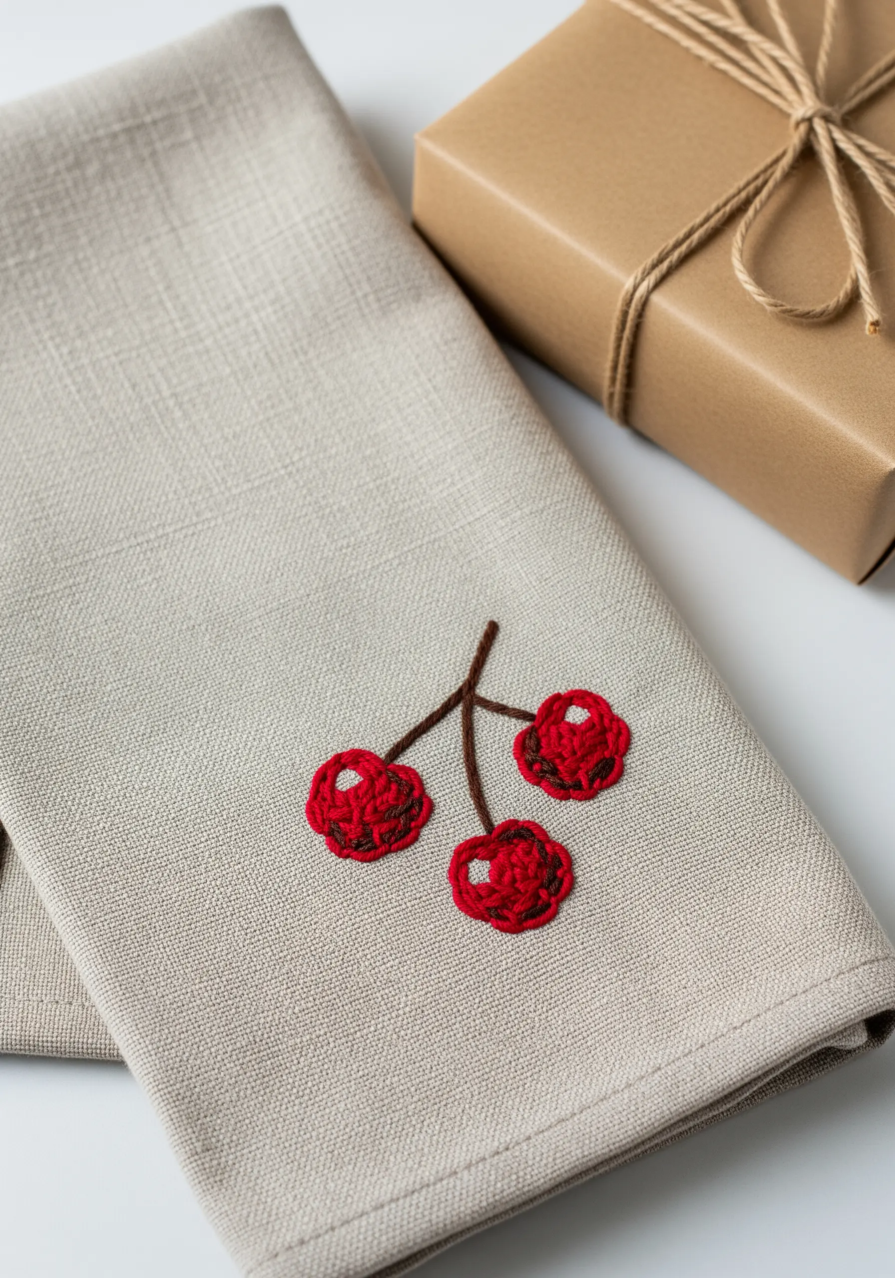 Three cherries filled with red French knots on a natural linen napkin.