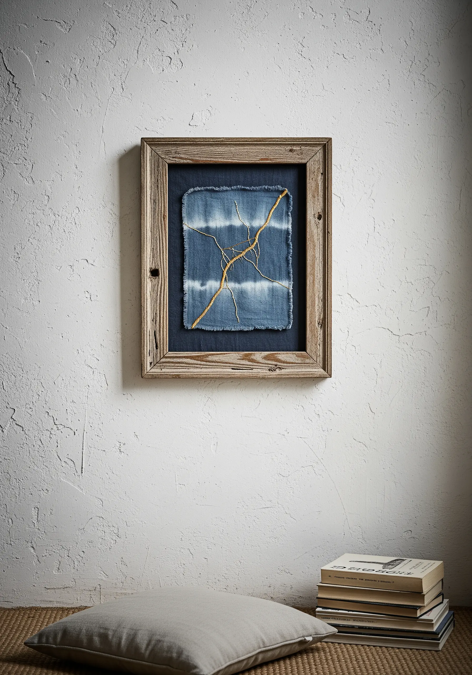 A framed piece of distressed denim with gold threads stitched in a Kintsugi-style pattern.
