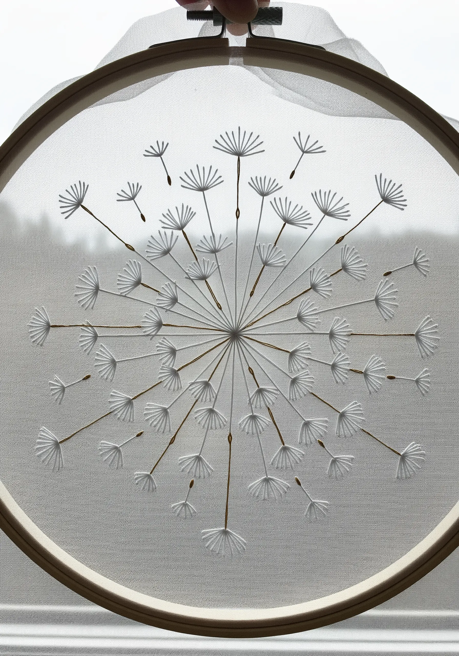 A delicate dandelion seed head embroidered on sheer white organza fabric.