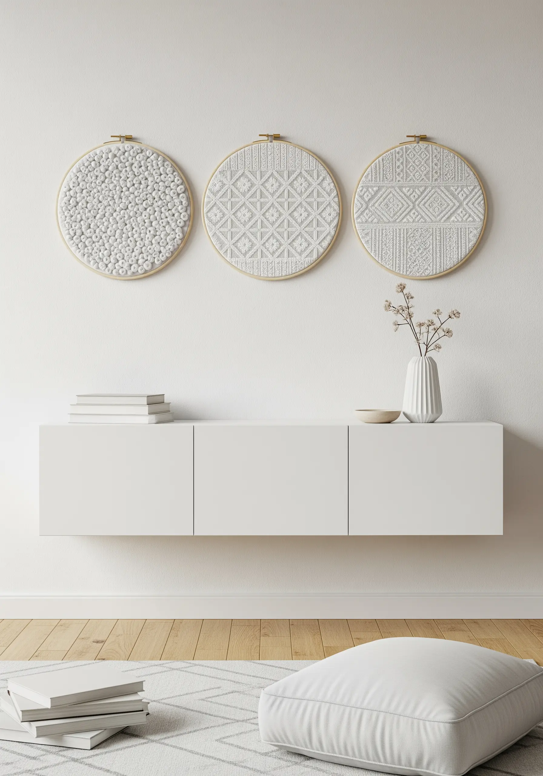 A triptych of white-on-white embroidery, showcasing different textures like French knots and geometric patterns.