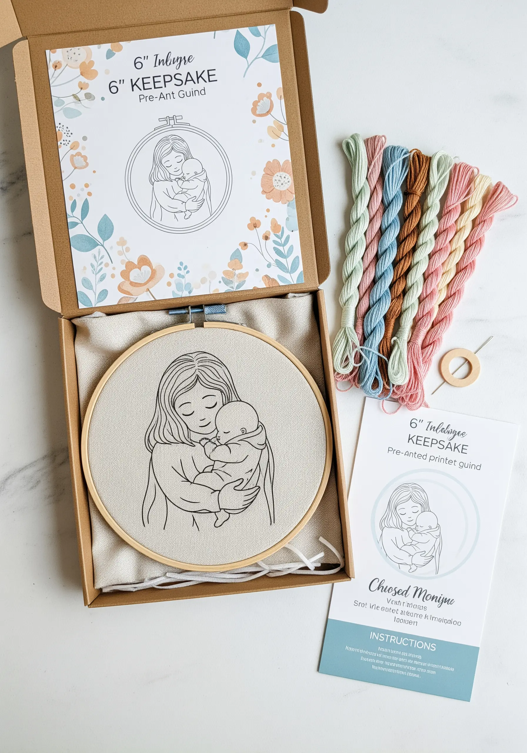 An embroidery kit for a mother-and-child design, showing pre-printed fabric, threads, and instructions.