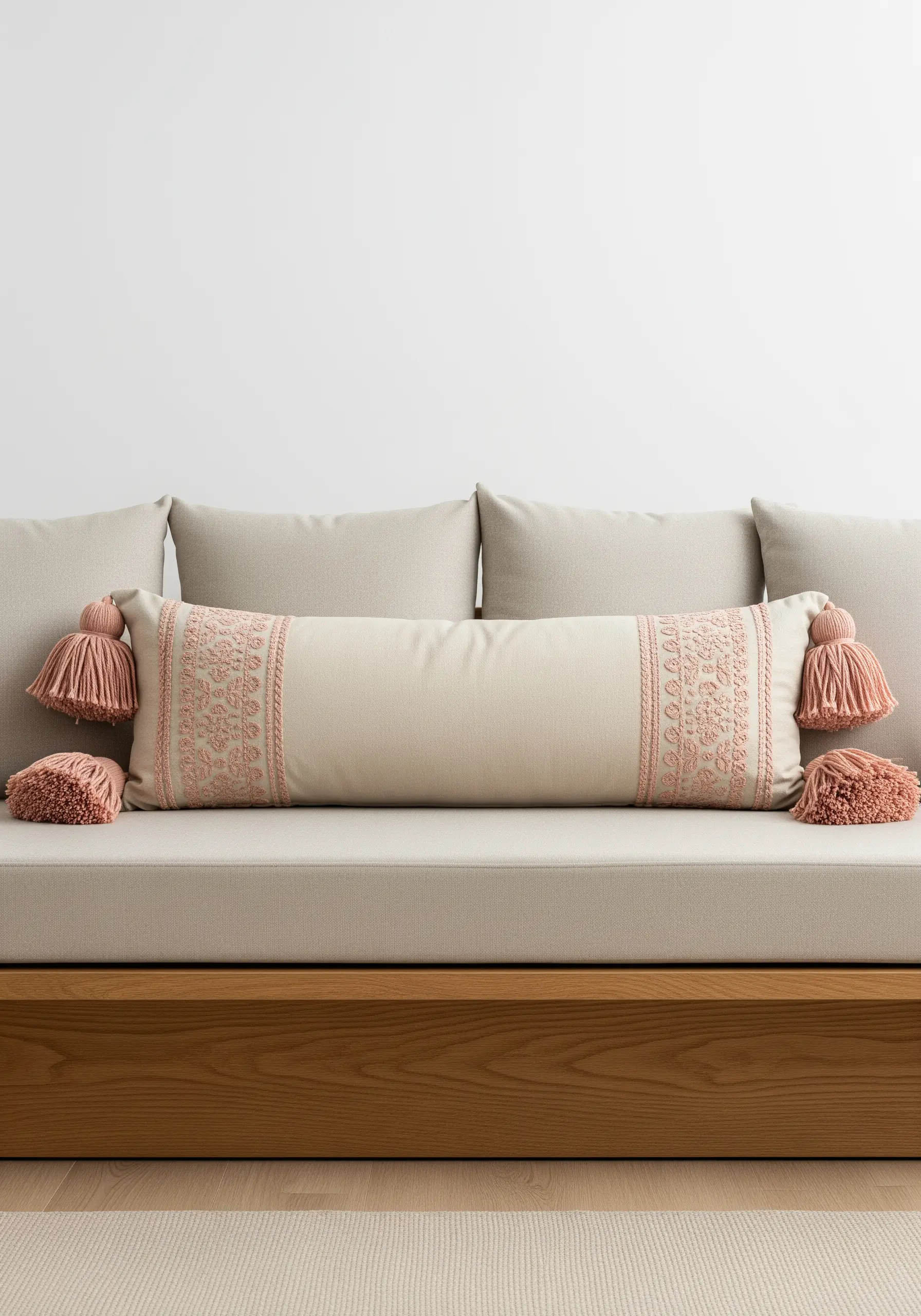 Long lumbar pillow with delicate folk-style embroidery and large blush tassels.