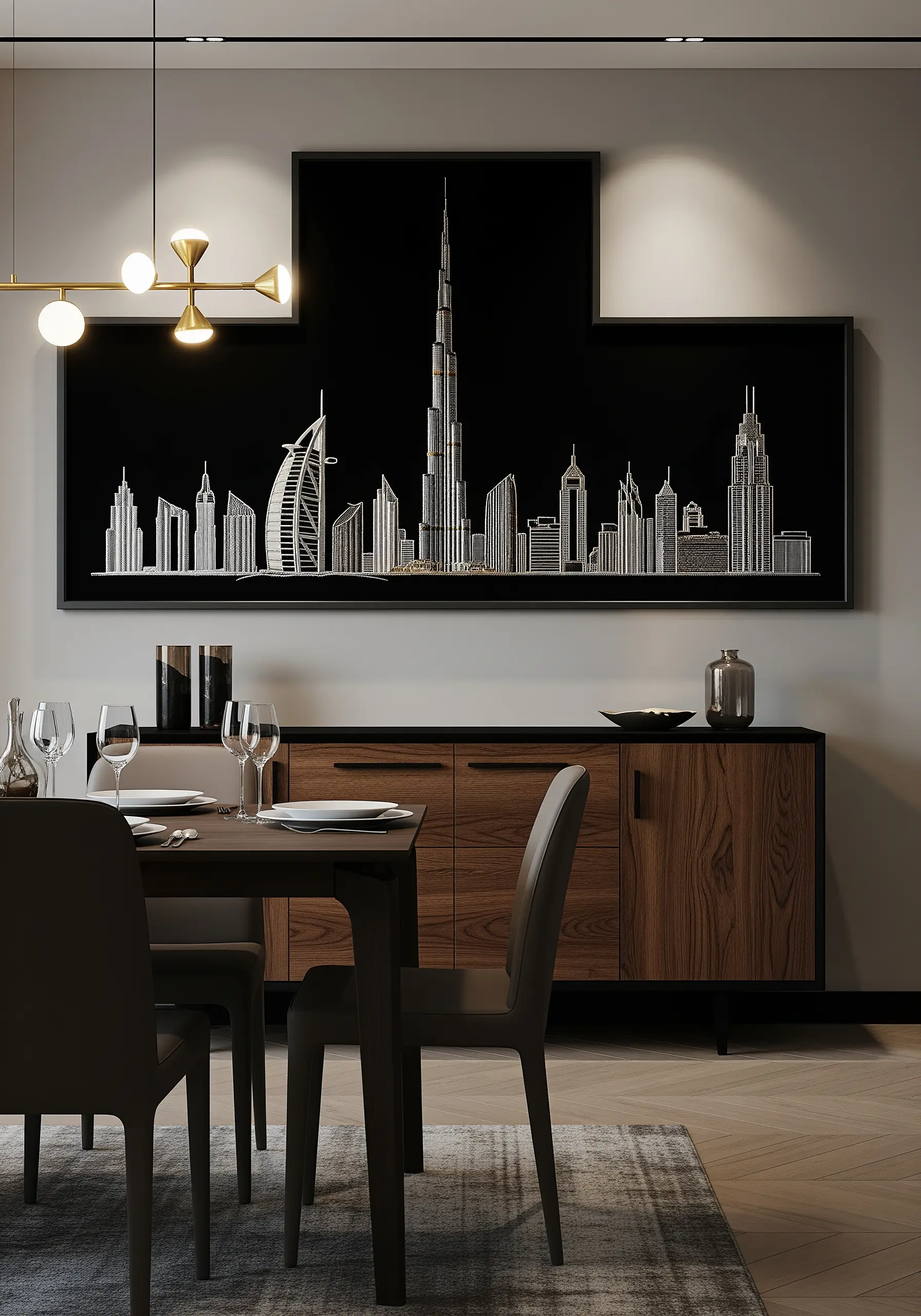 Sleek, modern embroidery of the Dubai skyline using metallic thread on black fabric.