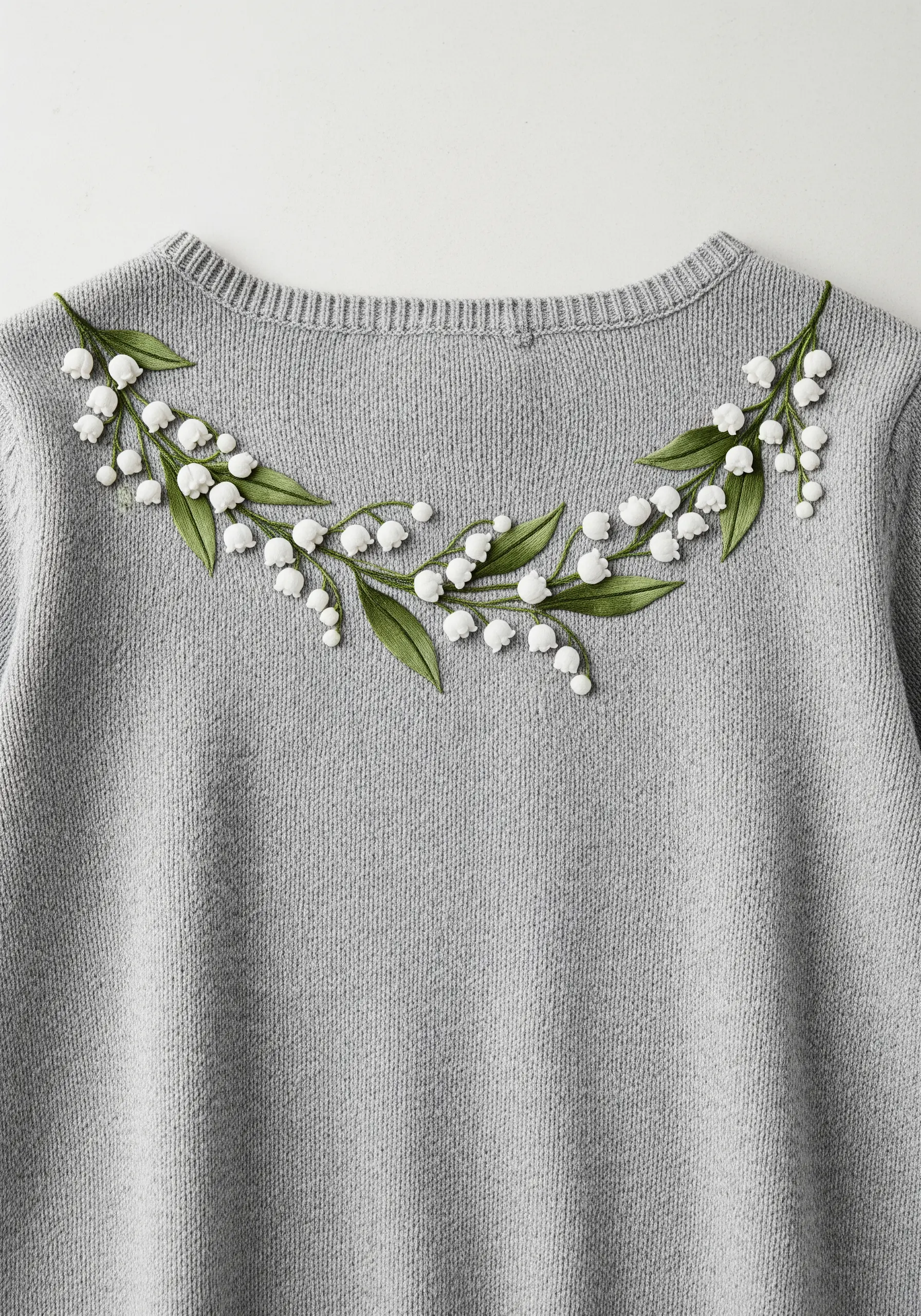 A delicate collar of embroidered Lily of the Valley with dimensional white bell flowers.