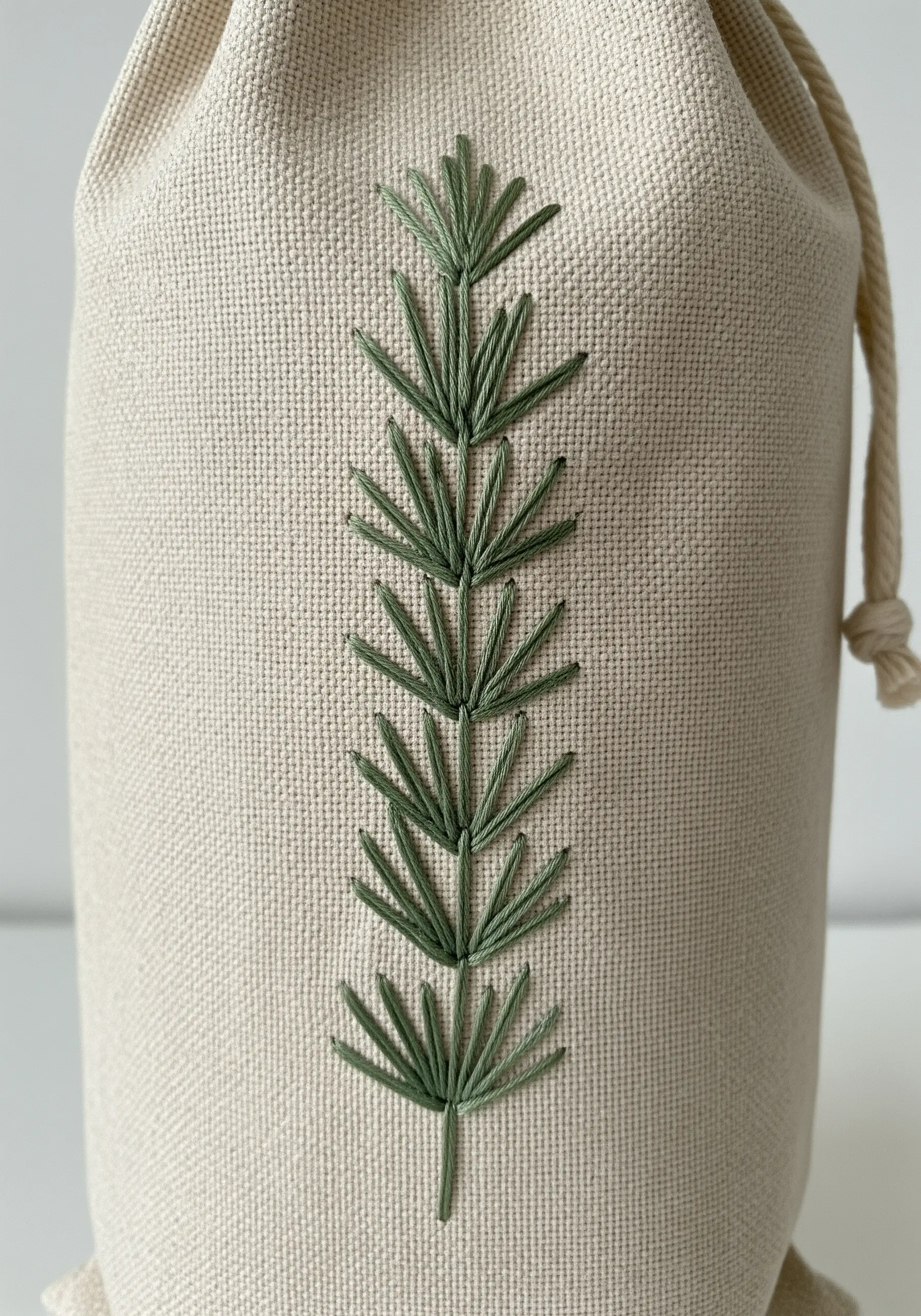 A simple pine branch embroidered with fly stitch on a canvas drawstring bag.