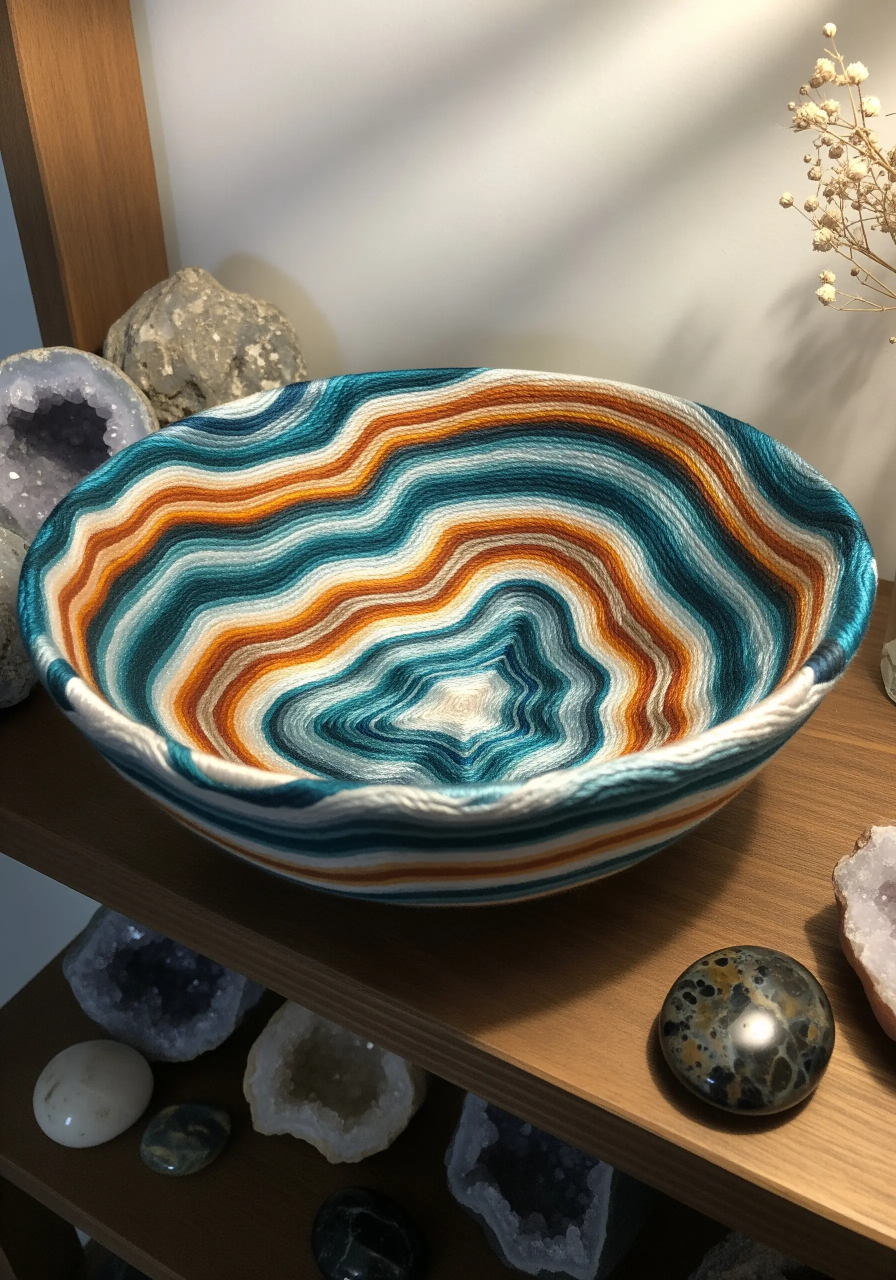 A decorative bowl made from coiling and stitching embroidery-floss-wrapped cord in earthy tones.