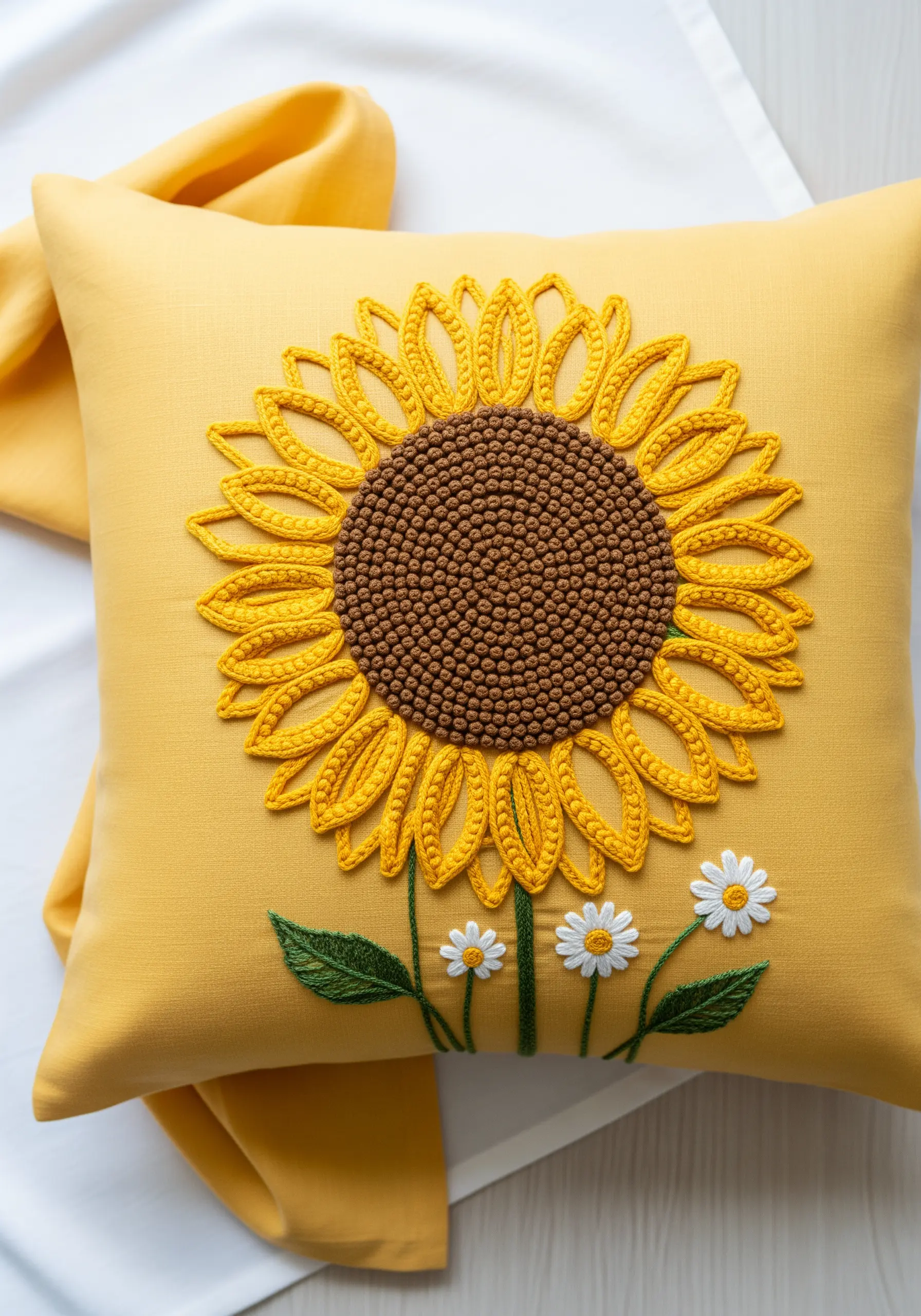 A large, graphic sunflower with a textured center on a yellow pillow.
