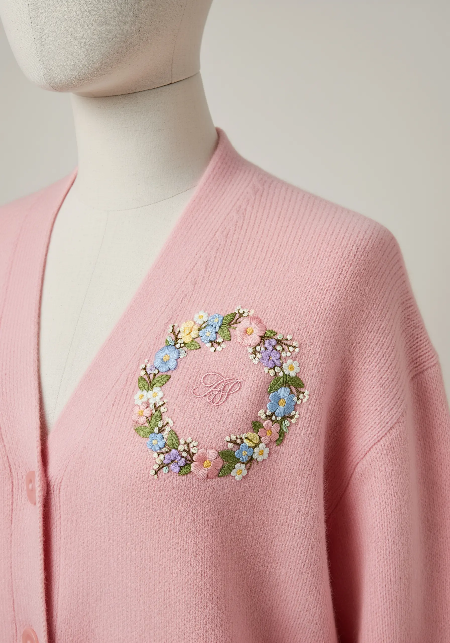 A delicate floral wreath in pastel colors surrounding a single initial on a pink cardigan.